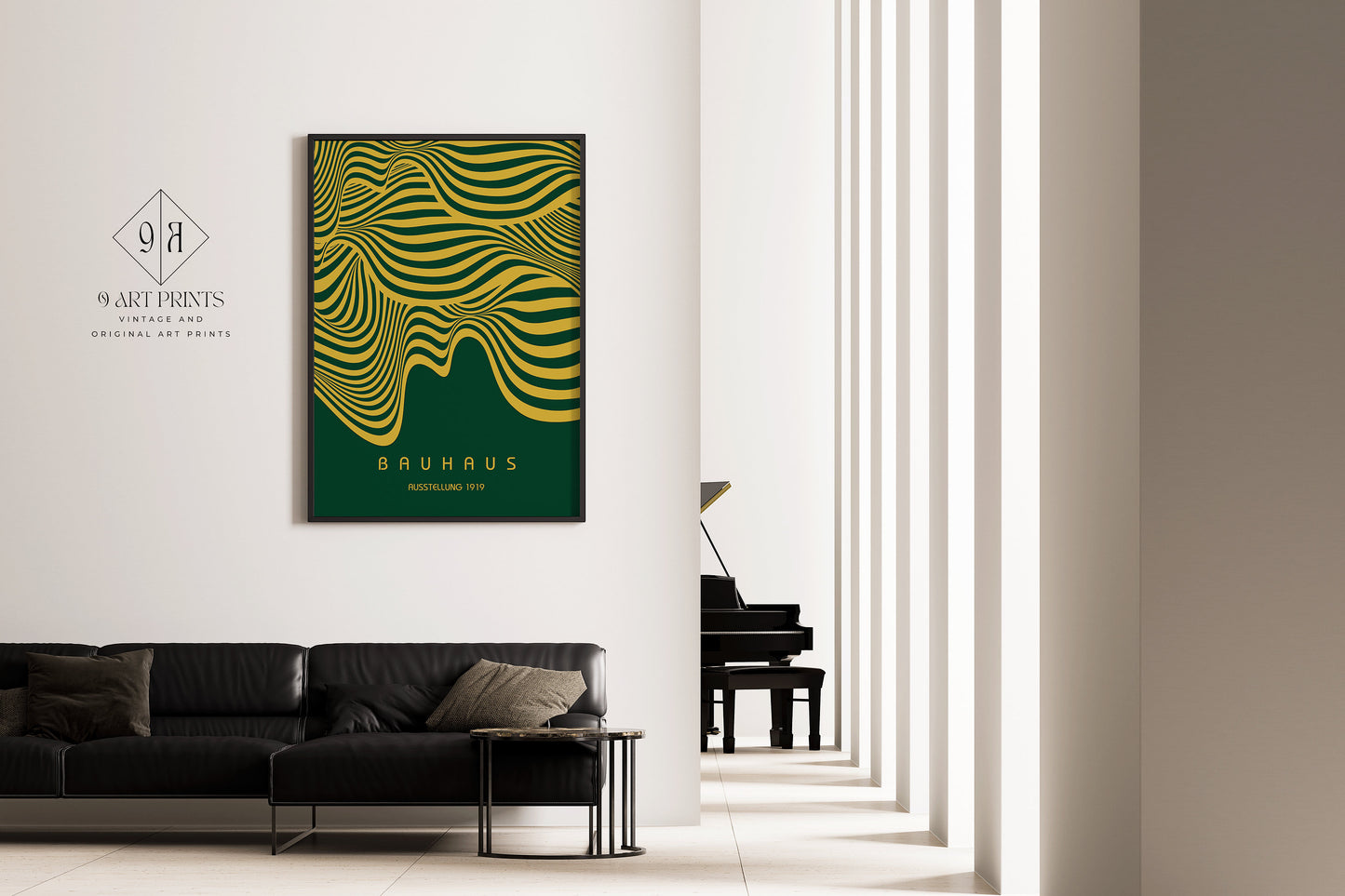 Framed Forest Green Gold Bauhaus Poster Wavy Lines Mid-Century Modern Art Print Vintage Minimalist Abstract Wall Art Abstract Gift Idea