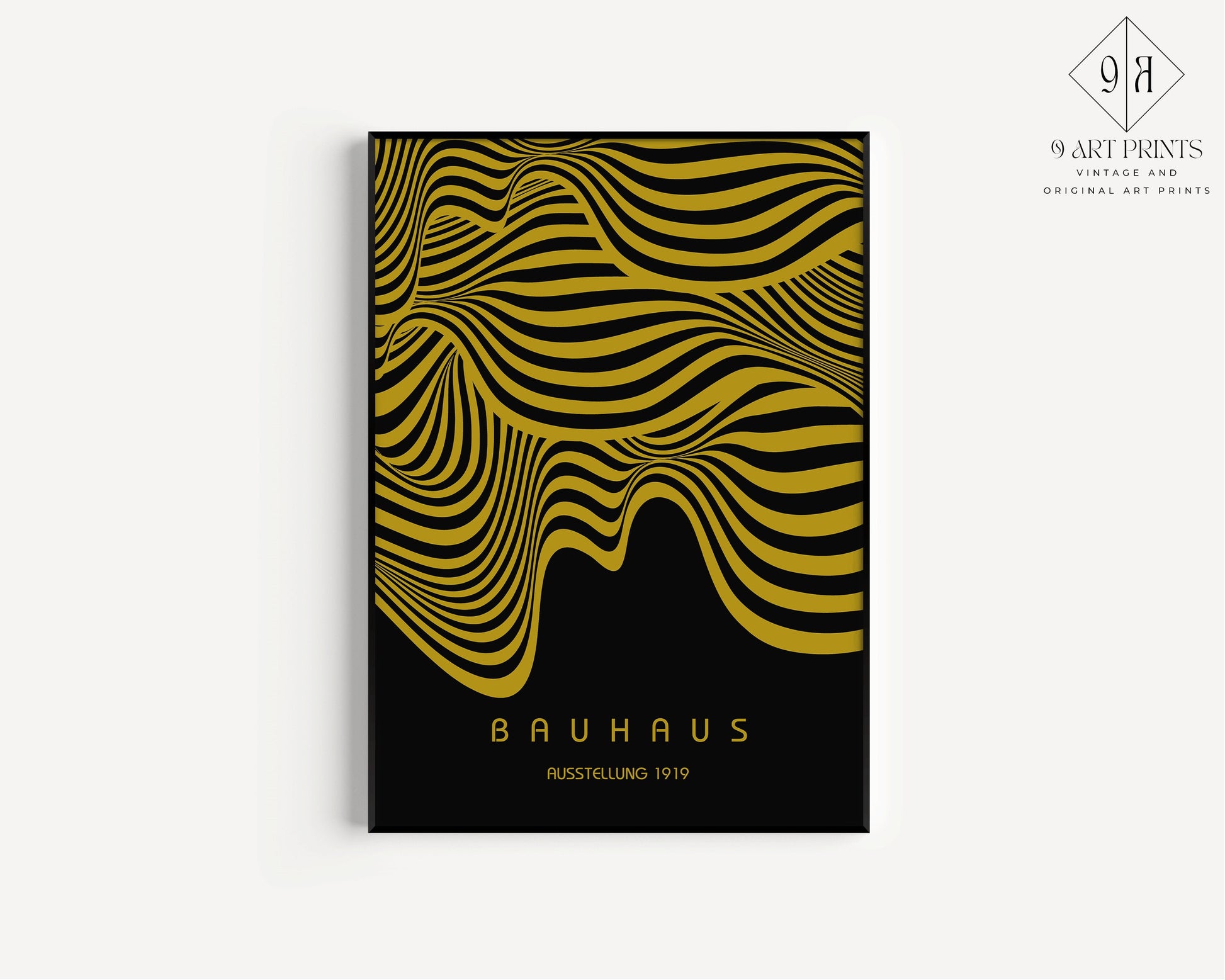 Framed Black and Gold Bauhaus Poster Wavy Lines Mid-Century Modern Art Print Vintage Minimalist Abstract Wall Art Abstract Gift Idea