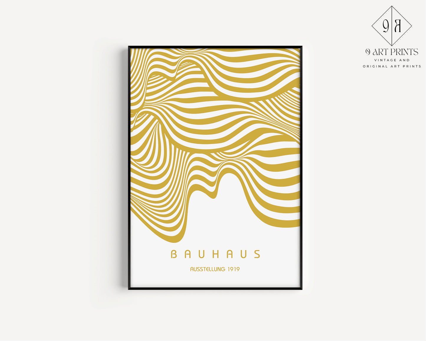 Framed White Gold Bauhaus Poster Wavy Lines Mid-Century Modern Art Print Vintage Minimalist Abstract Wall Art Abstract Gift Idea
