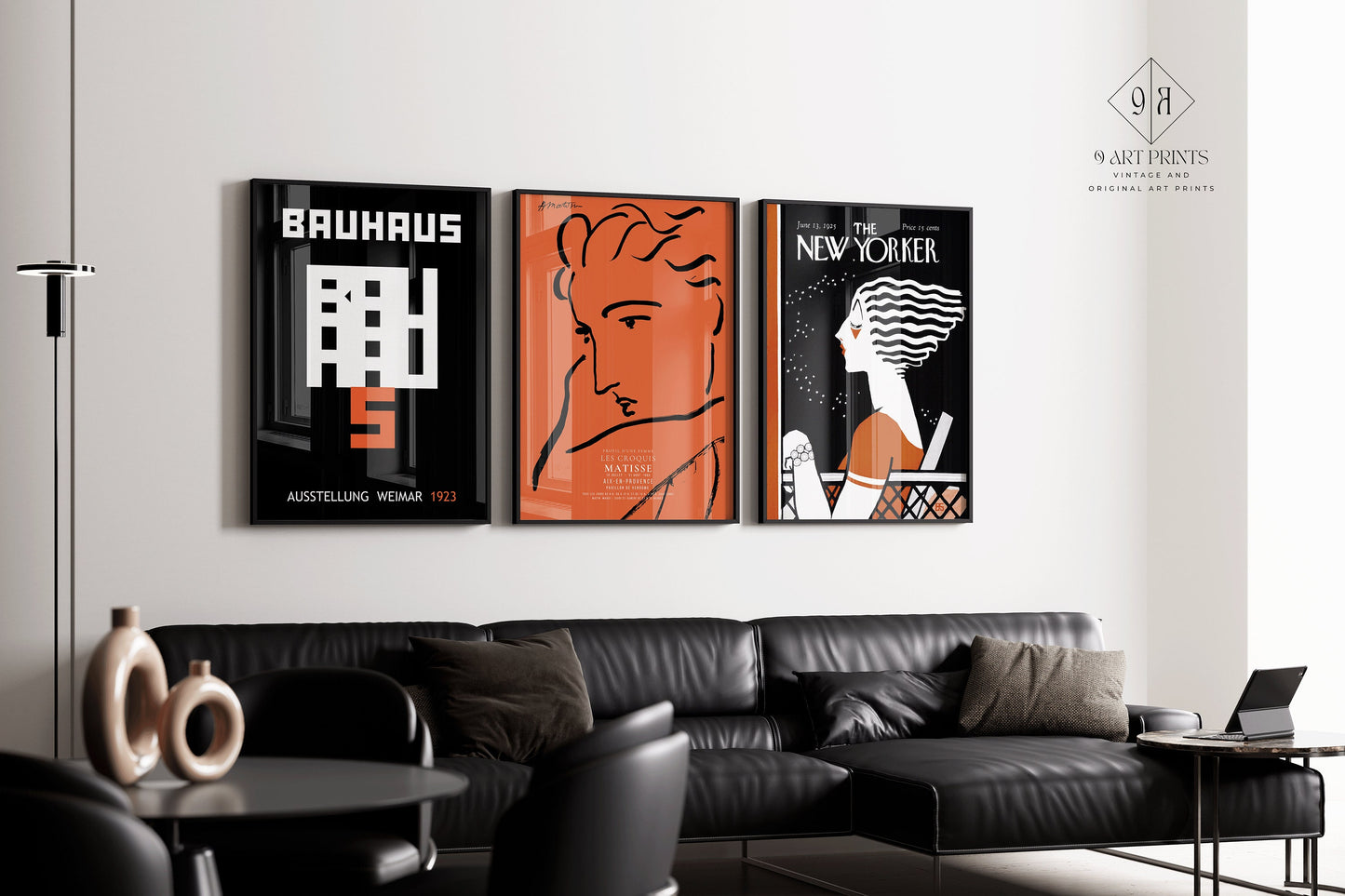 Set of 3 Bauhaus Matisse New Yorker Black Orange Posters Mid-Century Modern Art Print Vintage Framed Ready to Hang Home Office Decor Gift