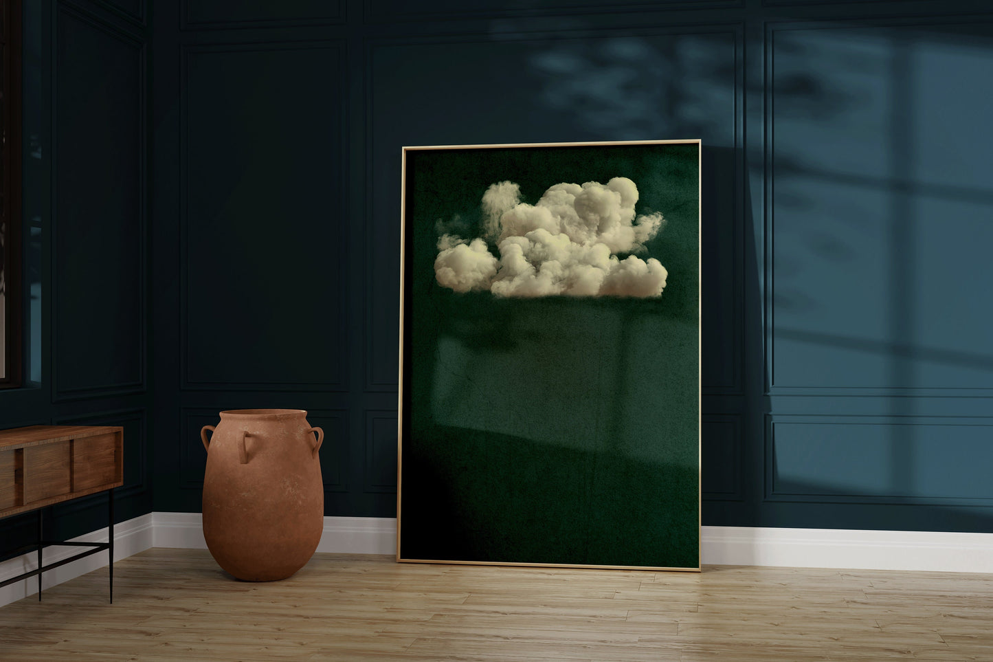 Framed Moody Vintage Clouds Emerald Green Dark Wall Art Academia Study Classic Modern Gallery Landscape Ready to Hang Home Office Decor