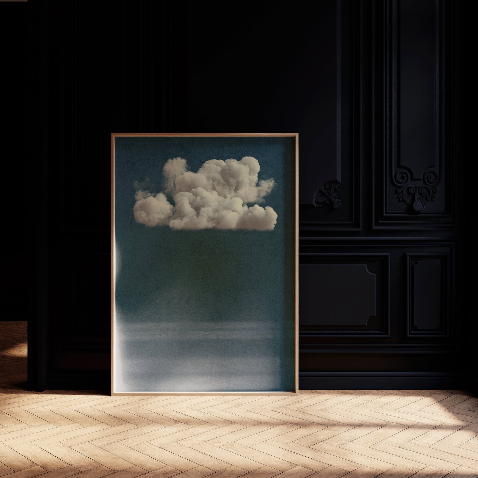 Framed Moody Vintage Clouds Midnight Blue Dark Wall Art Academia Study Classic Modern Gallery Landscape Ready to Hang Home Office Decor