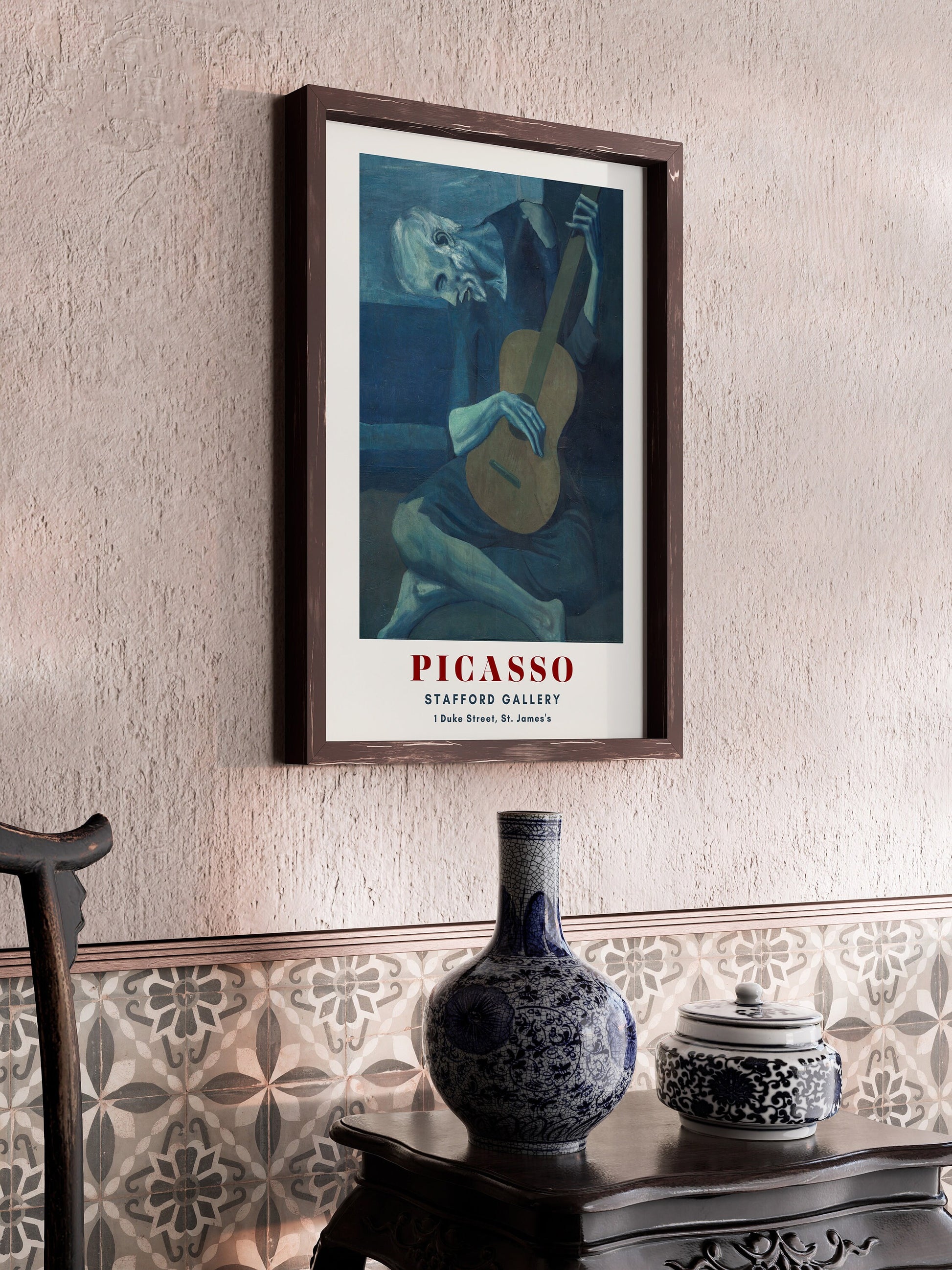 Framed Picasso The Old Guitarist Famous Painting Art Print Exhibition Museum Poster Ready to Hang Home Office Decor Gift Idea Blue Period