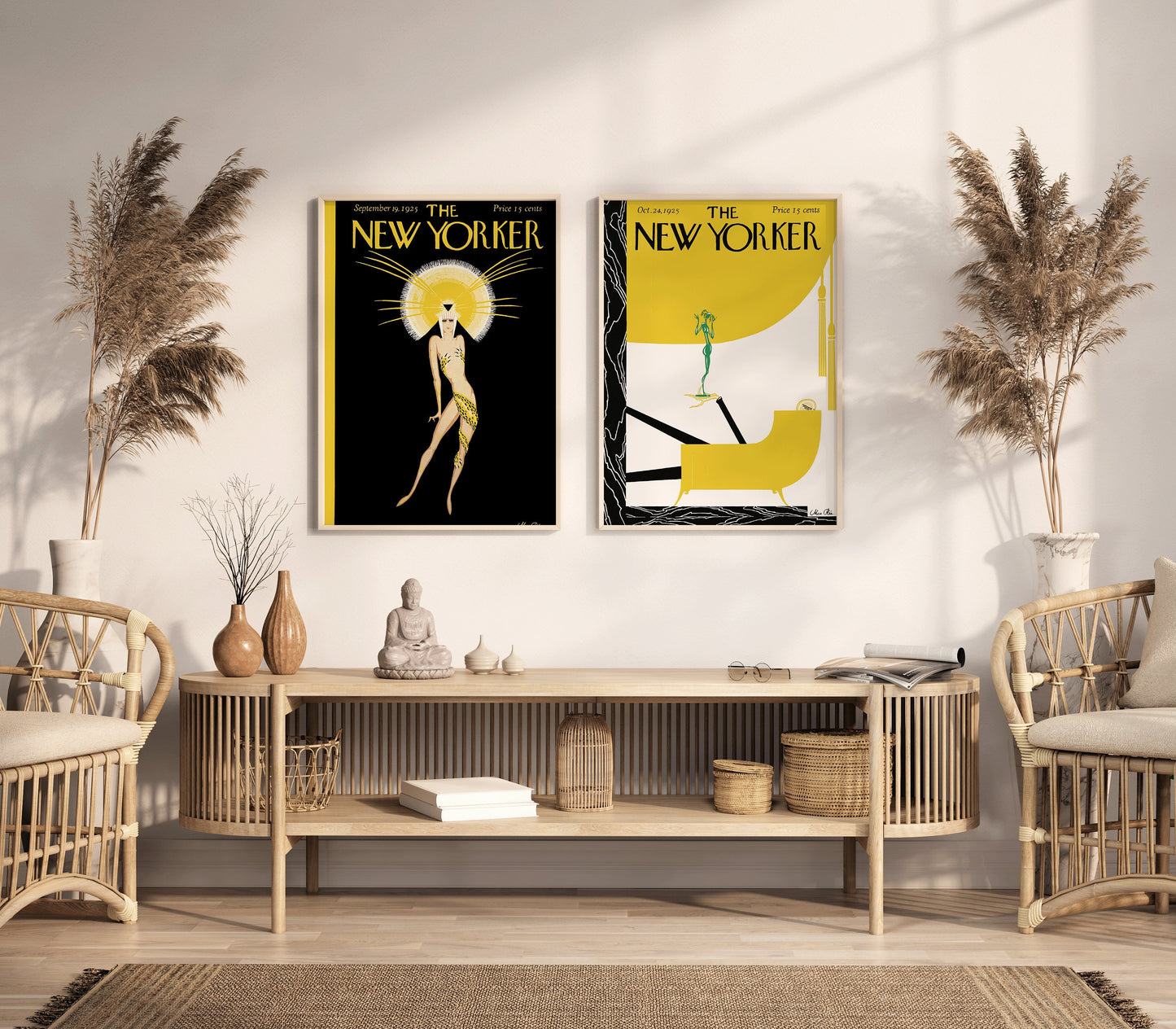 Set of 2 New Yorker Magazine Cover Print Black Gold Retro Vintage Style Aesthetic Art Print Home Office Decor Ready to hang Framed Gift