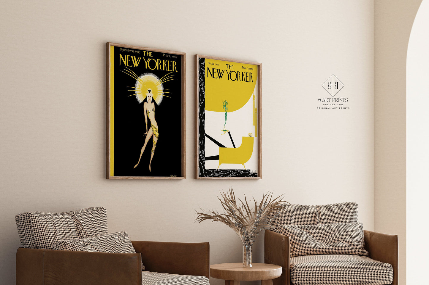 Set of 2 New Yorker Magazine Cover Print Black Gold Retro Vintage Style Aesthetic Art Print Home Office Decor Ready to hang Framed Gift