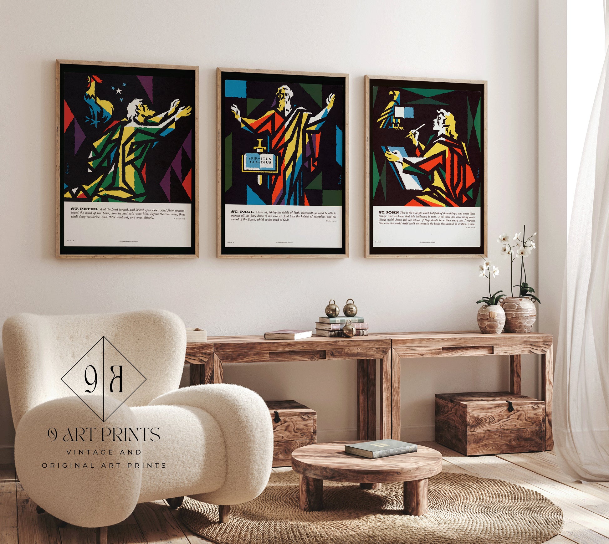 Josef Binder - St. Peter, St. Paul and St. John | Set of 3 Christian Art Posters, Mid-century Modern Design (available framed or unframed)