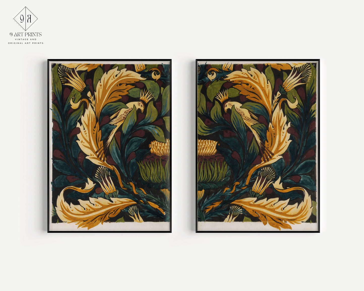 William Morris Set of 2 - Crowned Bird & Artichoke | Arthur Haygate Mackmurdo Vintage Victorian Pattern Print (available framed or unframed)