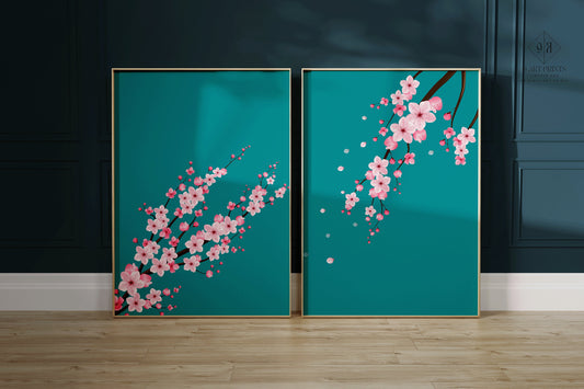 Set of 2 Sakura Cherry Blossom Art Prints | Turquoise Pink Flower Market Print (available framed or unframed)