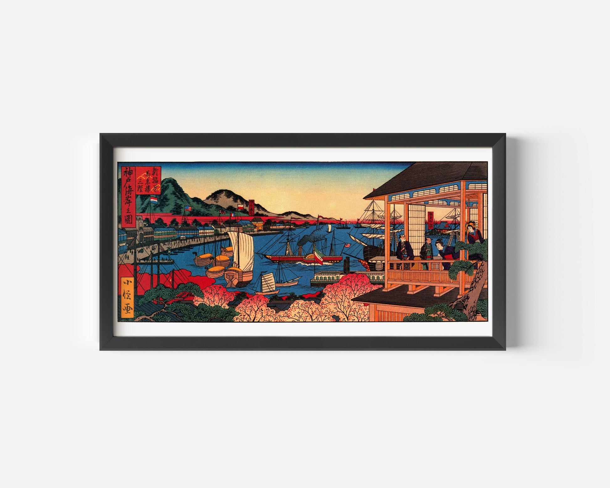 Sadanobu Hasegawa – Illustration of the Kobe Coast | Vintage Japanese Wide Panoramic Art (available framed or unframed)