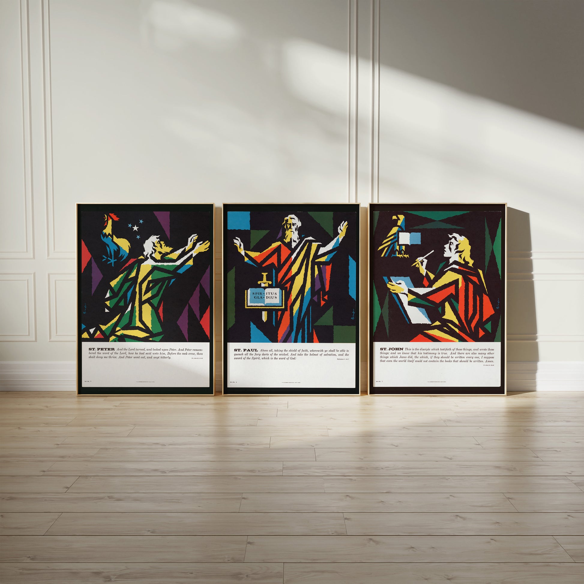 Josef Binder - St. Peter, St. Paul and St. John | Set of 3 Christian Art Posters, Mid-century Modern Design (available framed or unframed)