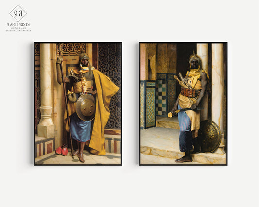 Set of 2 Ludwig Deutsch - The Nubian Guards | Vintage Orientalist Art (available framed or unframed)