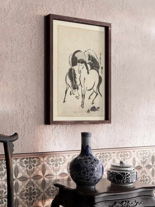 Utagawa Kitamaro - Three Horses | Japanese Vintage Neutral Sketch Art (available framed or unframed)