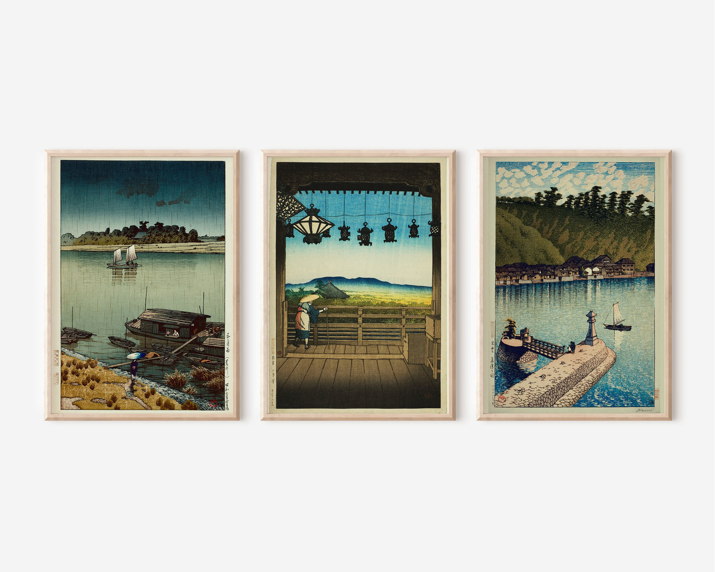 Kawase Hasui - Set of 3 Shin-Hanga Art Prints May Rain on Arakawa, Nigatsu Hall in Nara and Mihogaseki Bridge (available framed or unframed)