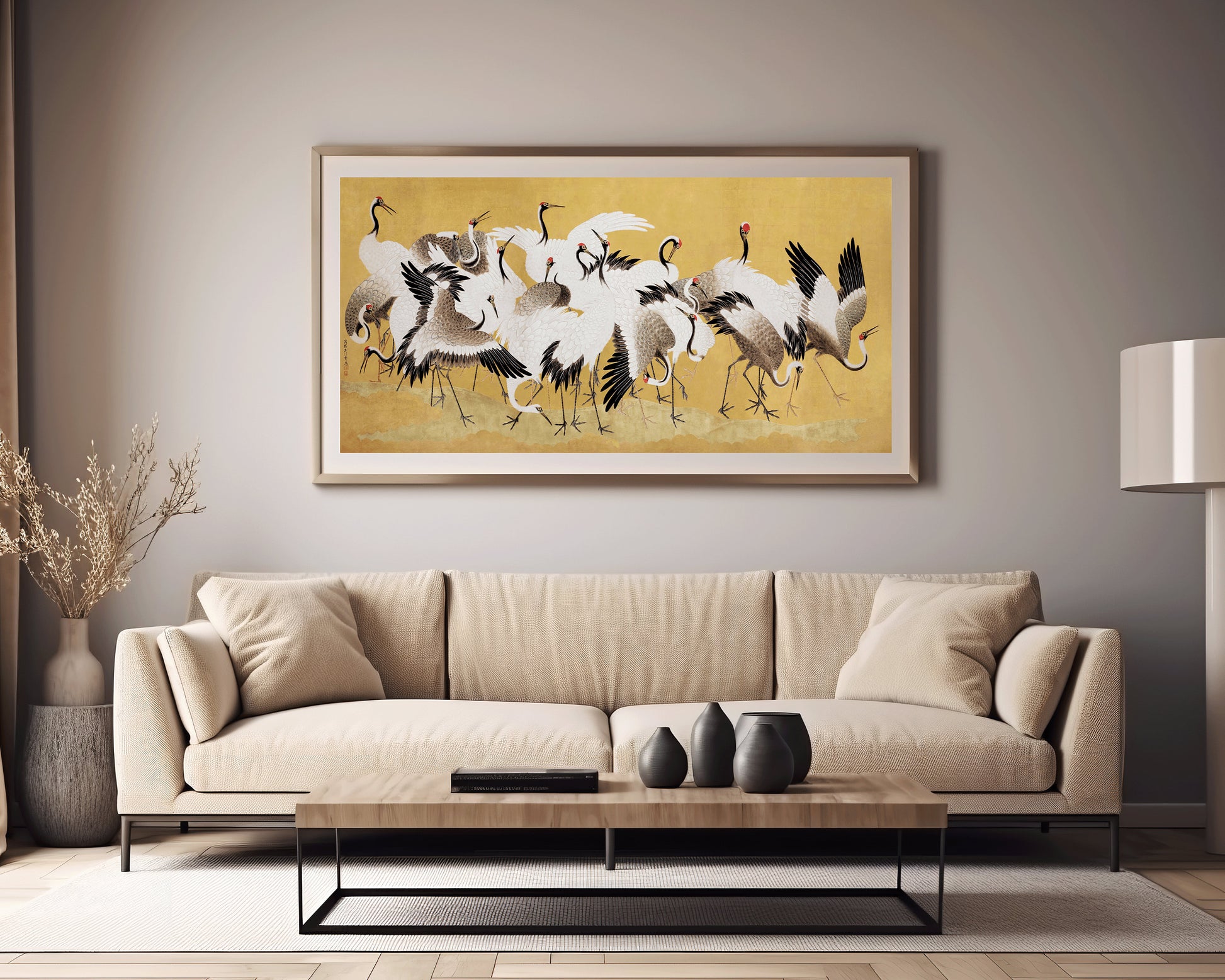 Ishida Yutei - A Flock of Cranes | Vintage Japanese Wide Panoramic Art (available framed or unframed)