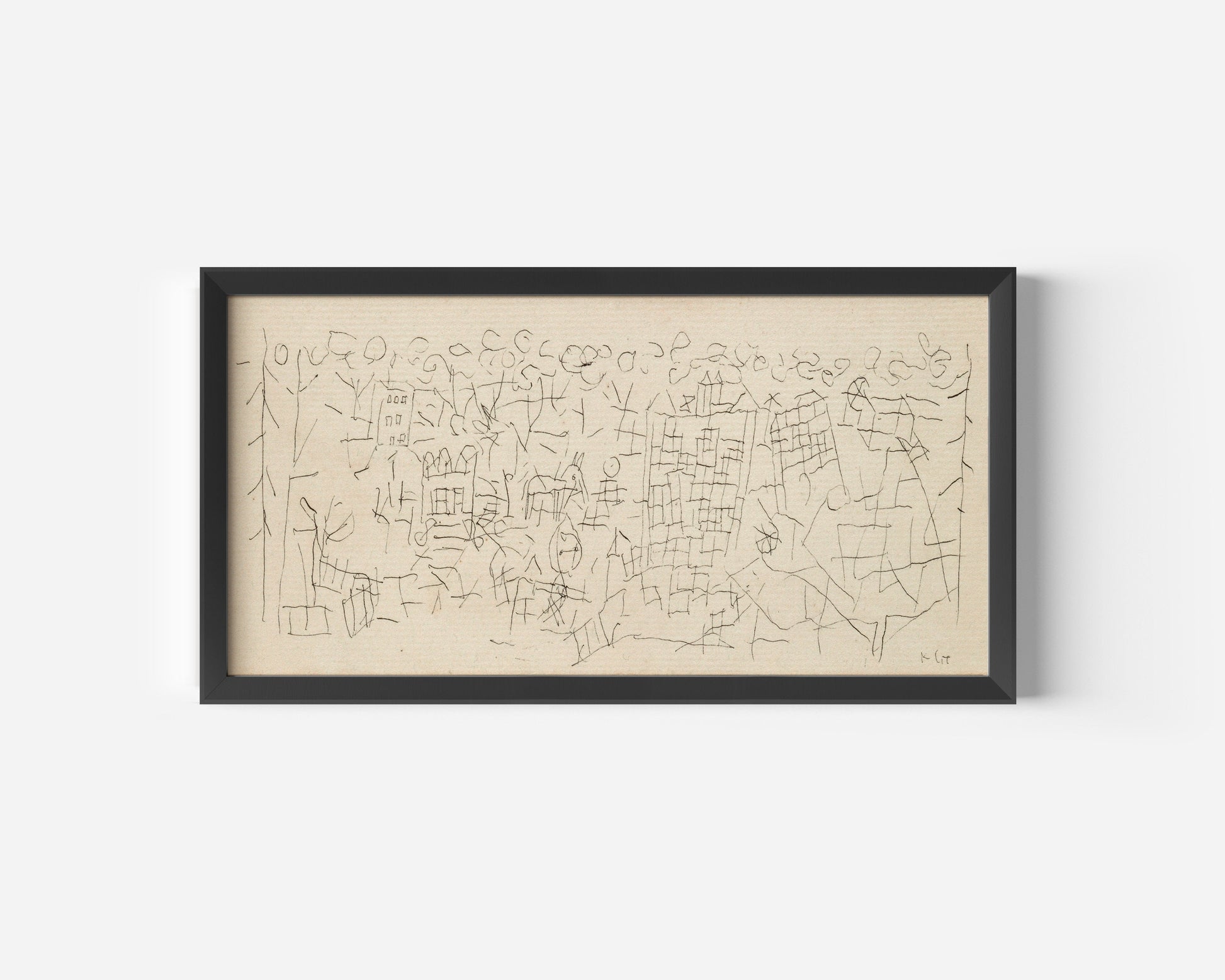 Paul Klee - About the Town | Modern Abstract Beige Wide Panoramic Sketch Art (available framed or unframed)