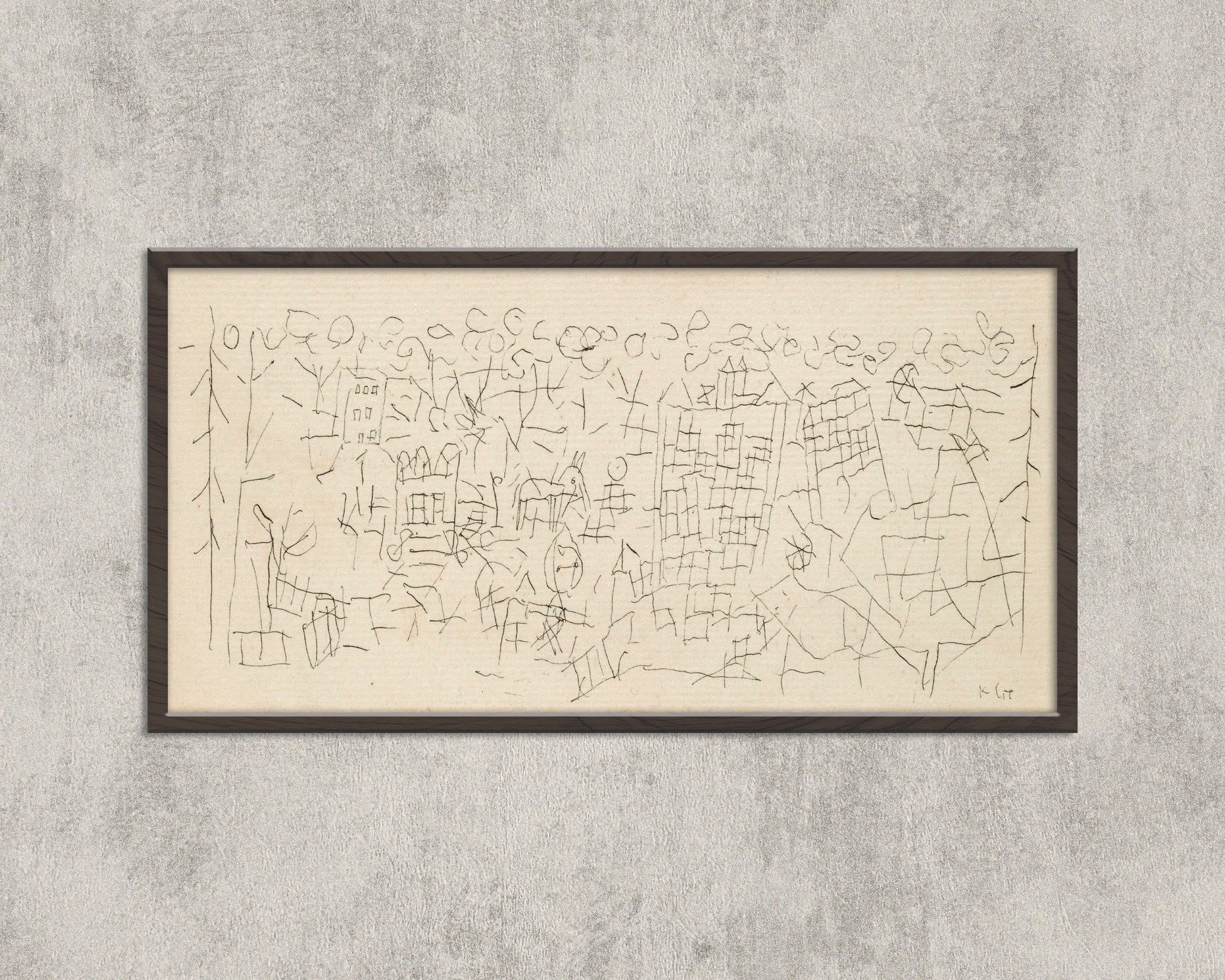 Paul Klee - About the Town | Modern Abstract Beige Wide Panoramic Sketch Art (available framed or unframed)