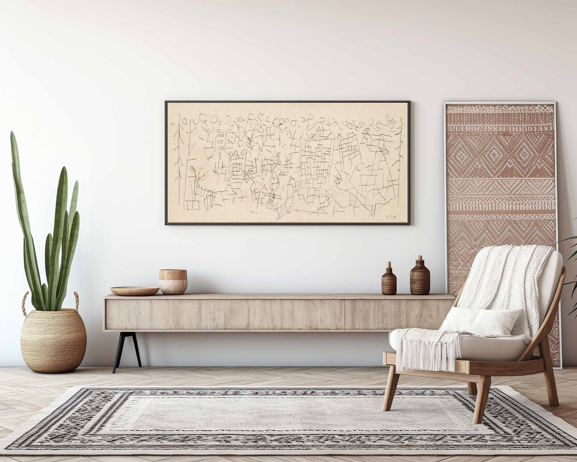 Paul Klee - About the Town | Modern Abstract Beige Wide Panoramic Sketch Art (available framed or unframed)