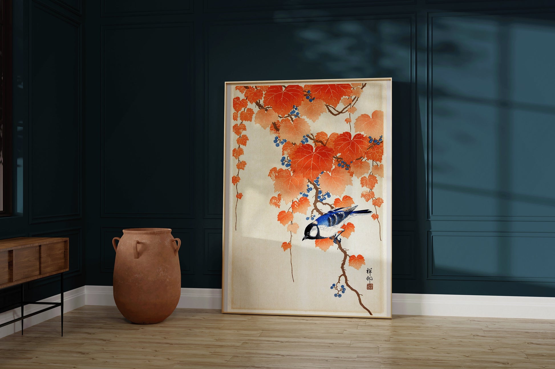 Ohara Koson - Great Tit on Paulownia Branch | Vintage Orange Blue Japanese Shin-Hanga Kachō-E Botanical Art (available framed or unframed)