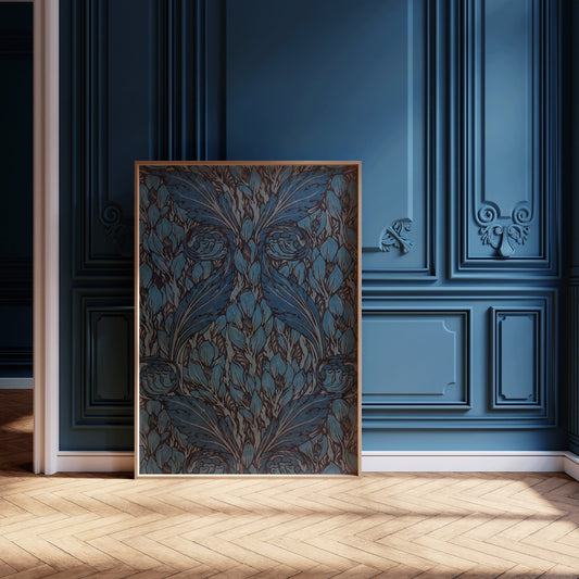 William Morris Swirling Leaf Print in Blue, framed artwork displayed in an elegant room, enhancing decor with botanical style.