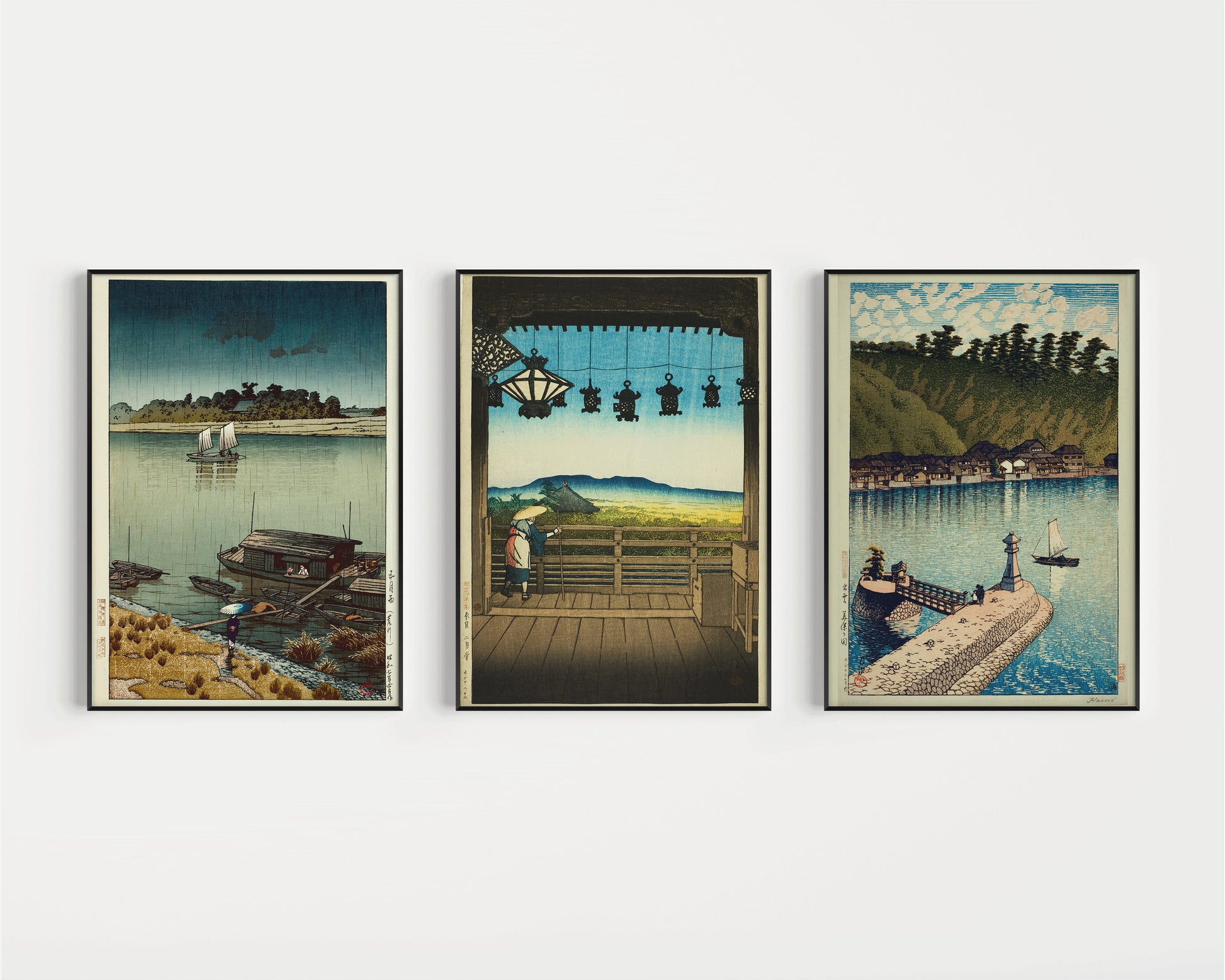 Kawase Hasui - Set of 3 Shin-Hanga Art Prints May Rain on Arakawa, Nigatsu Hall in Nara and Mihogaseki Bridge (available framed or unframed)