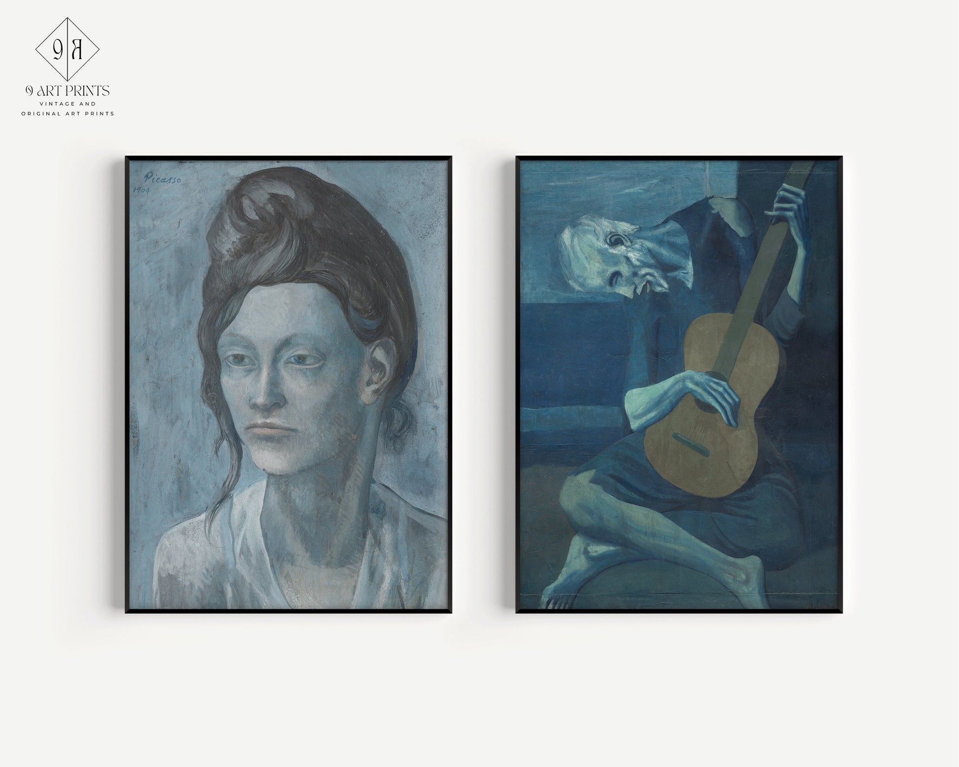 Pablo Picasso Set of 2 Art Prints - Woman with a Helmet of Hair and The Old Guitarist | Blue Gallery Wall Art (available framed or unframed)