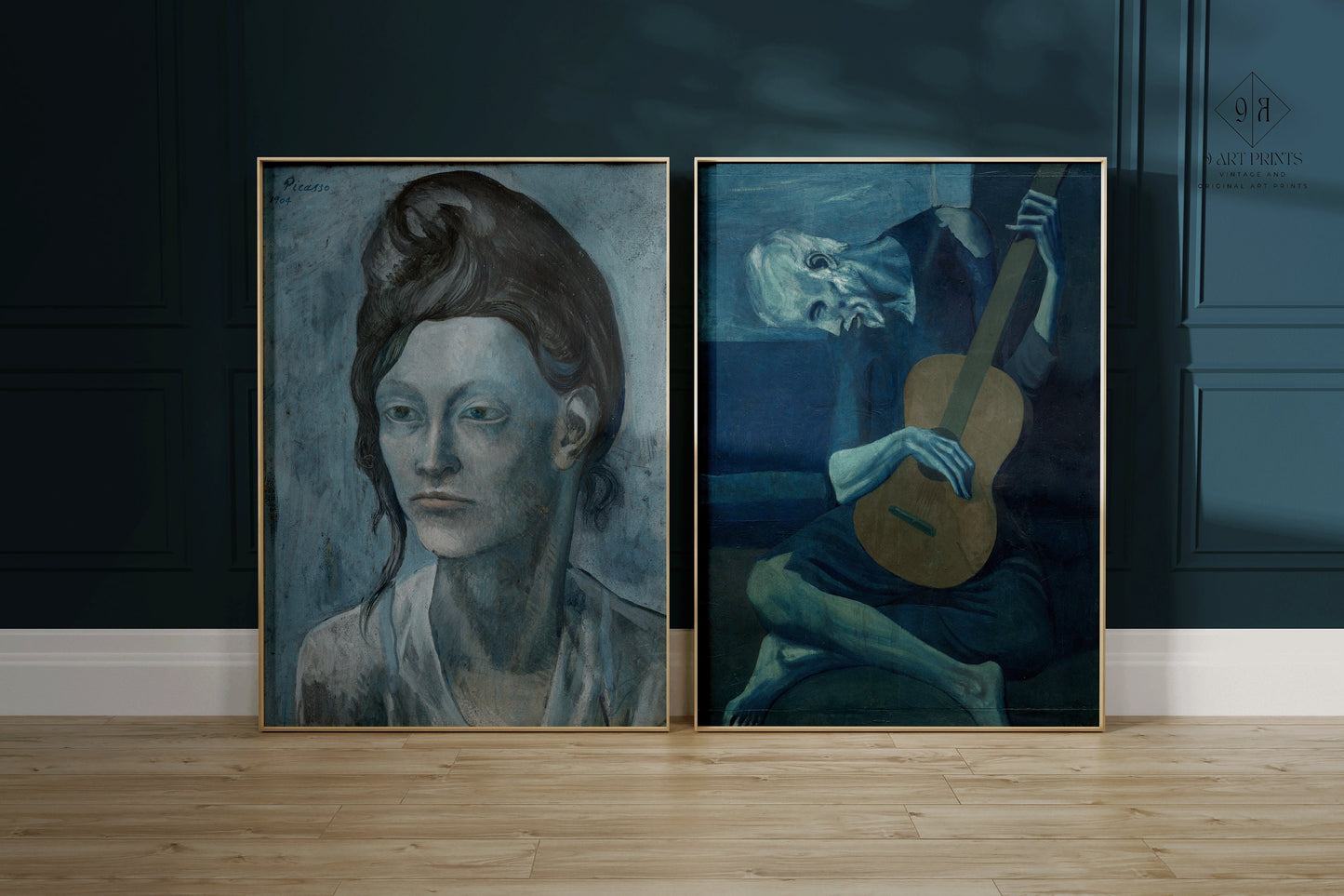 Pablo Picasso Set of 2 Art Prints - Woman with a Helmet of Hair and The Old Guitarist | Blue Gallery Wall Art (available framed or unframed)