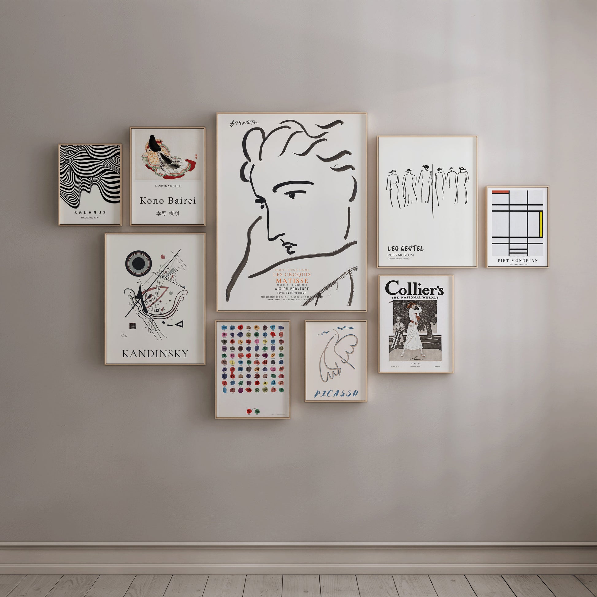 Gallery Wall Set of 9 Art Prints | Neutral White Matisse, Leo Gestel, Picasso, Mondrian, Kandinsky (available framed or unframed)