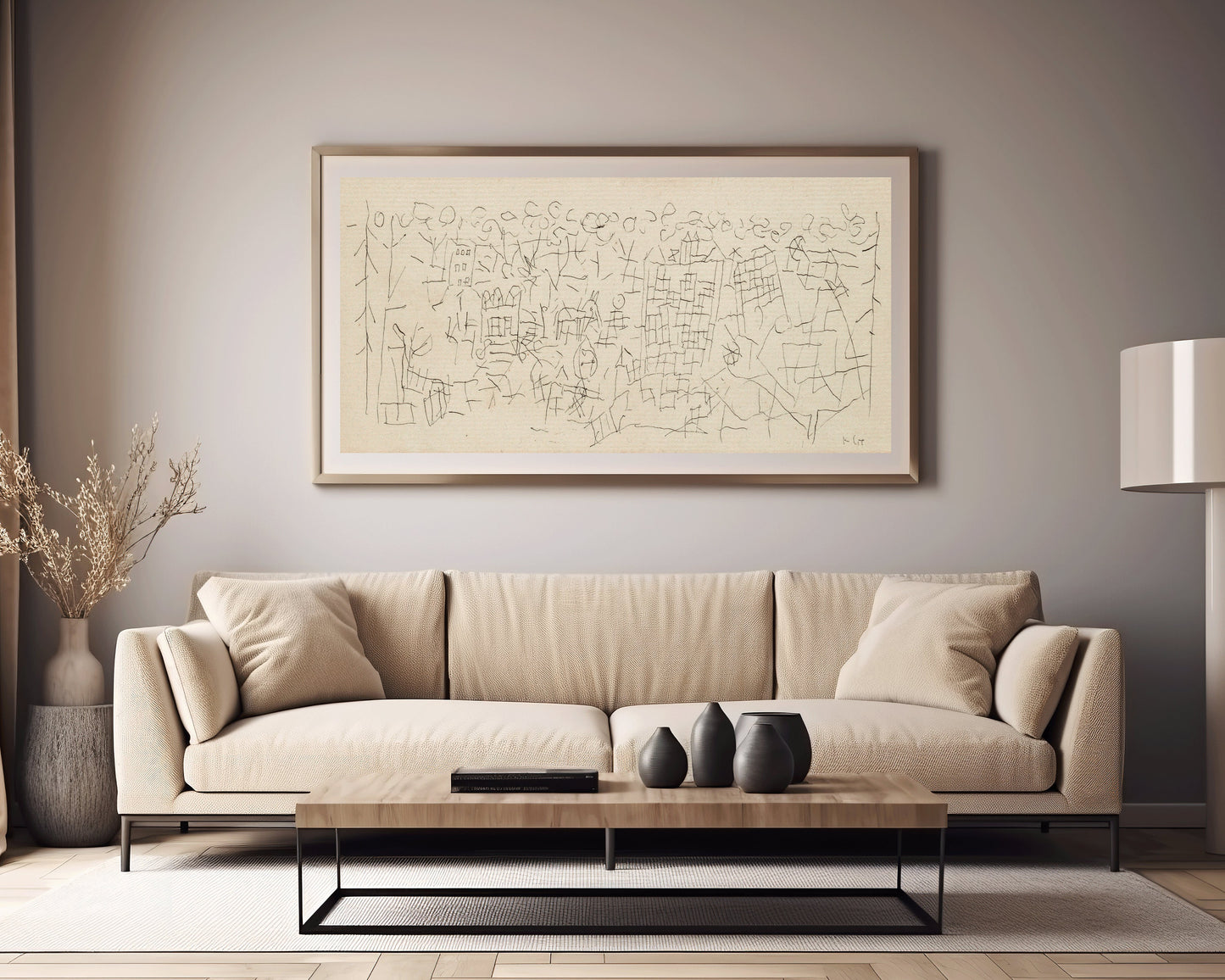 Paul Klee - About the Town | Modern Abstract Beige Wide Panoramic Sketch Art (available framed or unframed)