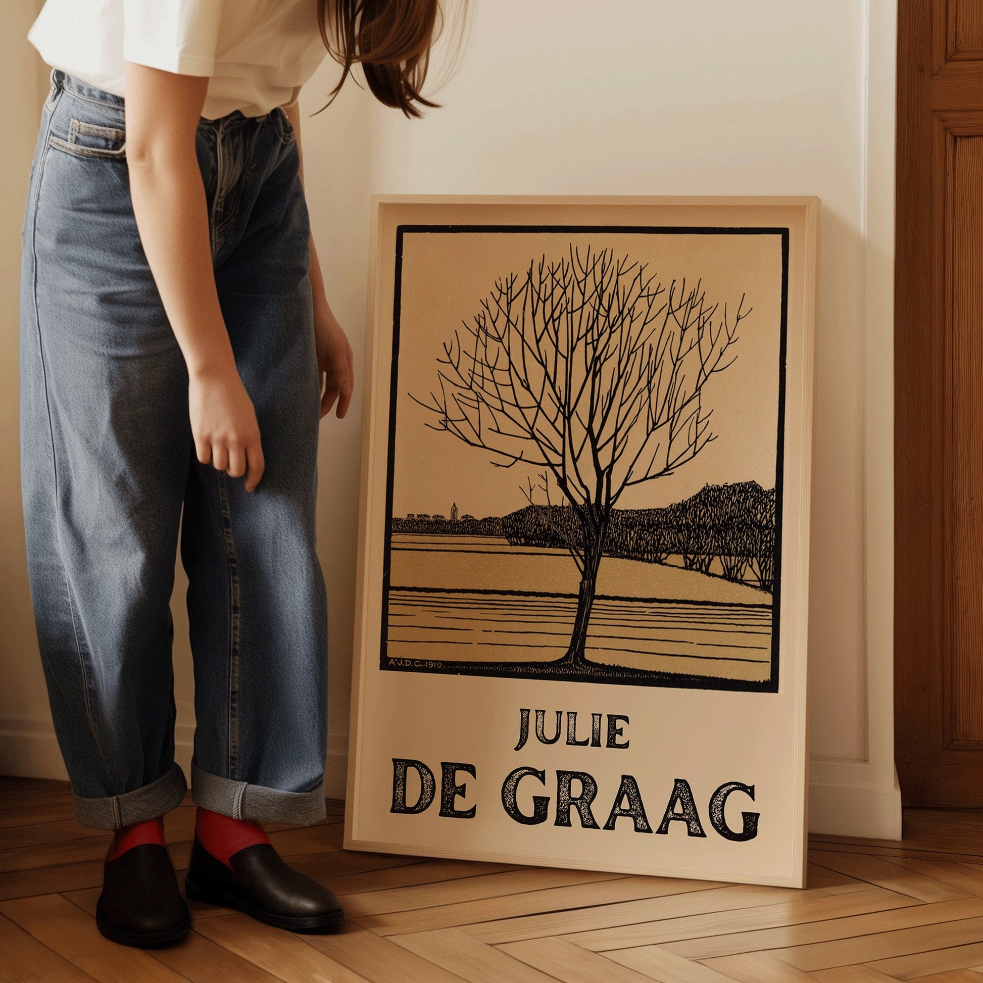 Julie de Graag - Kale Bloom | Vintage Beige Sketch Art (available framed ready to hang or unframed)