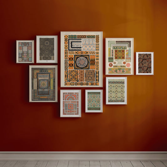 Gallery Wall Set of 9 Vintage Arabian Pattern Prints | Albert Racine, Owen Jones and Emille Prisse D'Avennes (available framed or unframed)