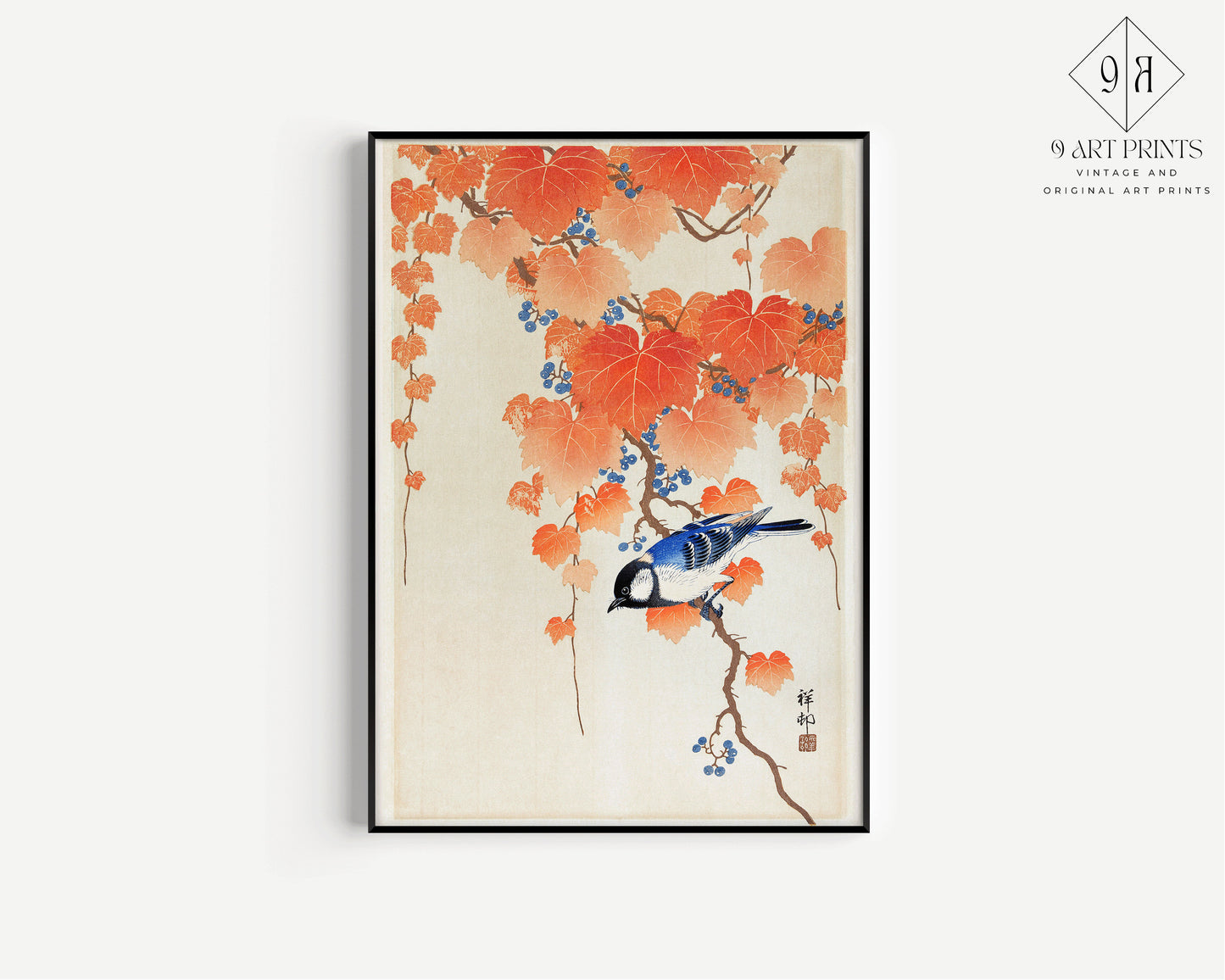 Ohara Koson - Great Tit on Paulownia Branch | Vintage Orange Blue Japanese Shin-Hanga Kachō-E Botanical Art (available framed or unframed)