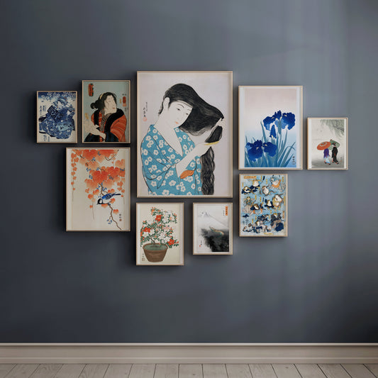 Gallery Wall Set of 9 Vintage Japanese Art Prints | Utagawa Kuniyoshi, Ohara Koson and Goyo Hashiguchi (available framed or unframed)