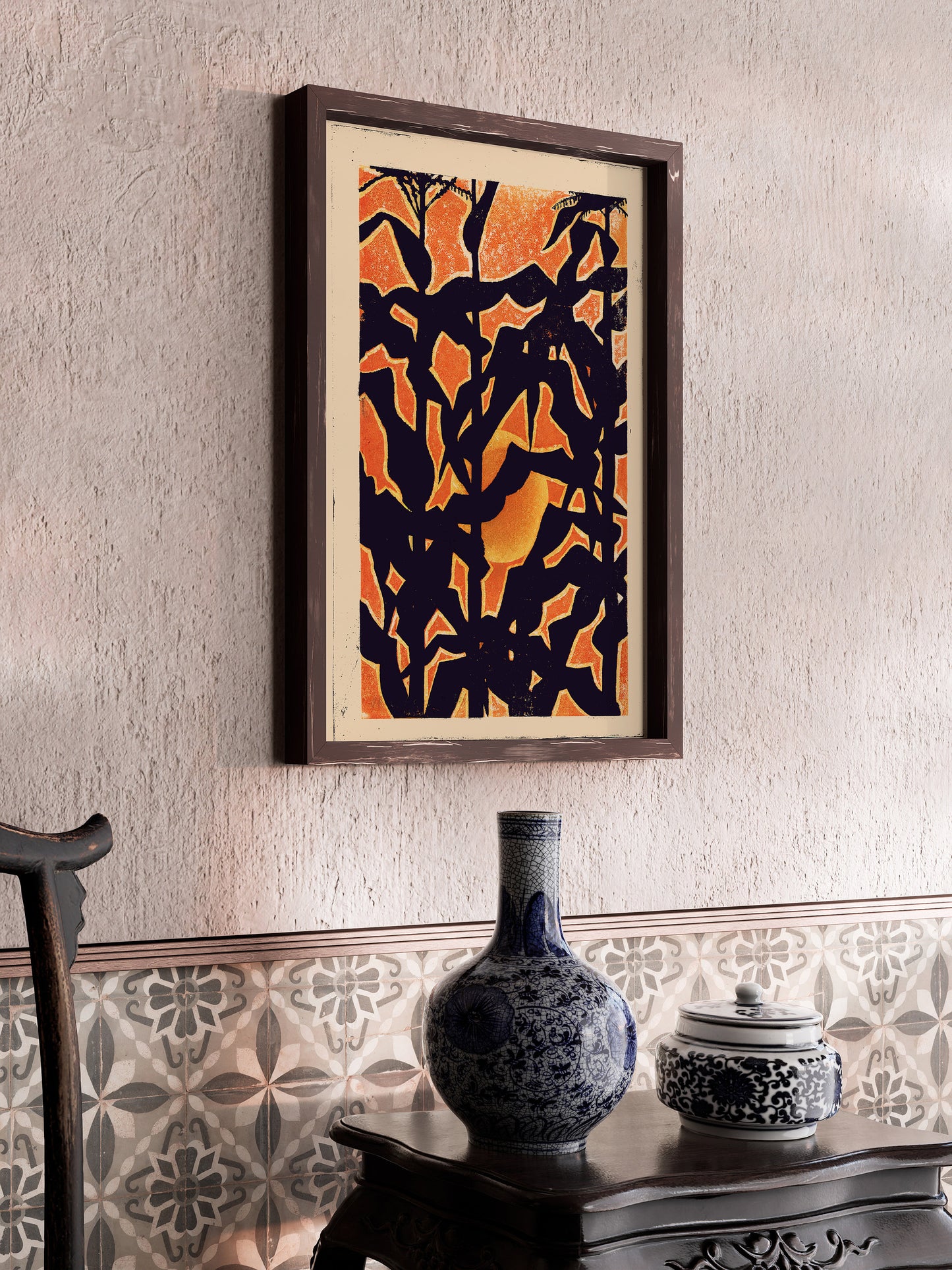 Shiro Kasamatsu - Sunset Through Corn Stalks | Vintage Orange Black Japanese Shin-Hanga Kachō-E Art (available framed or unframed)