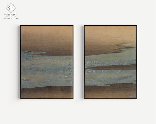Kamisaka Sekka - Small Waves | Set of 2 Vintage Japanese Woodblock Neutral Wabi-Sabi Japandi Art (available framed or unframed)