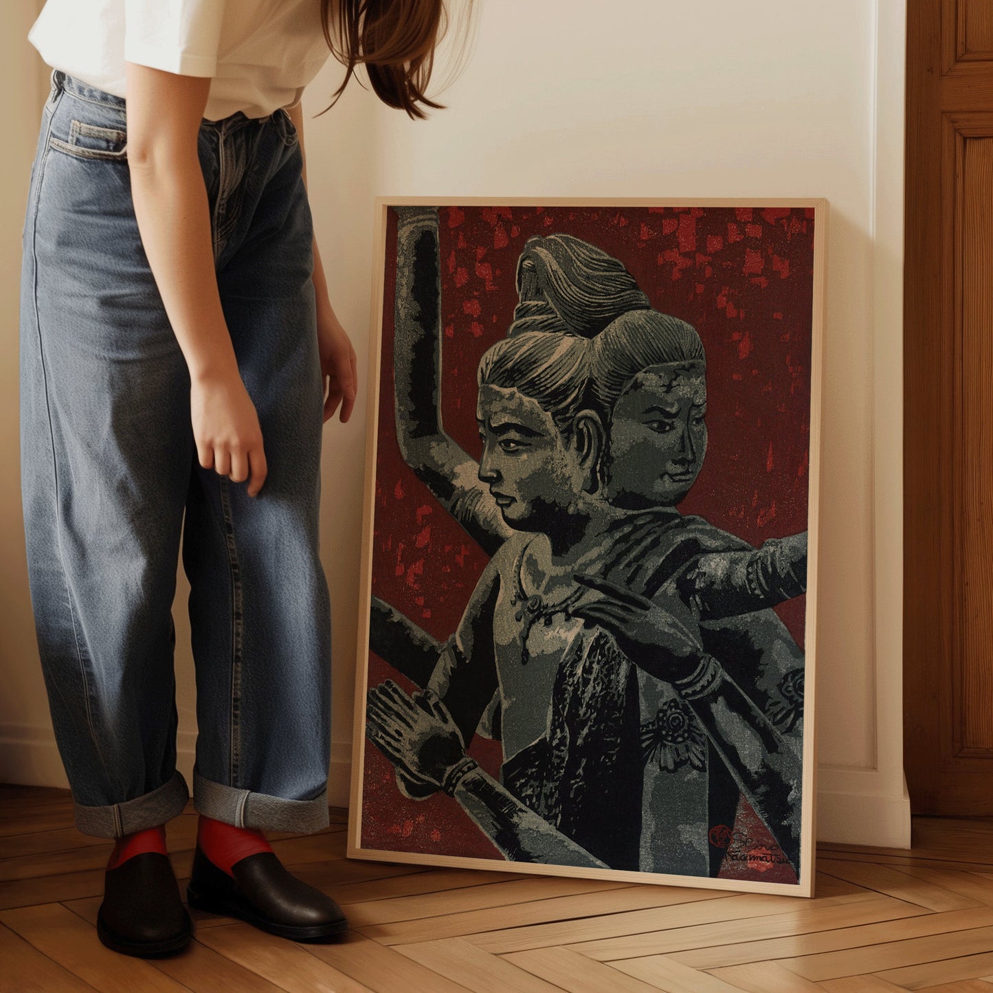 Shiro Kasamatsu - Statue of the Three-Headed Ashura | Vintage Japanese Woodblock Art in Red (available framed or unframed)