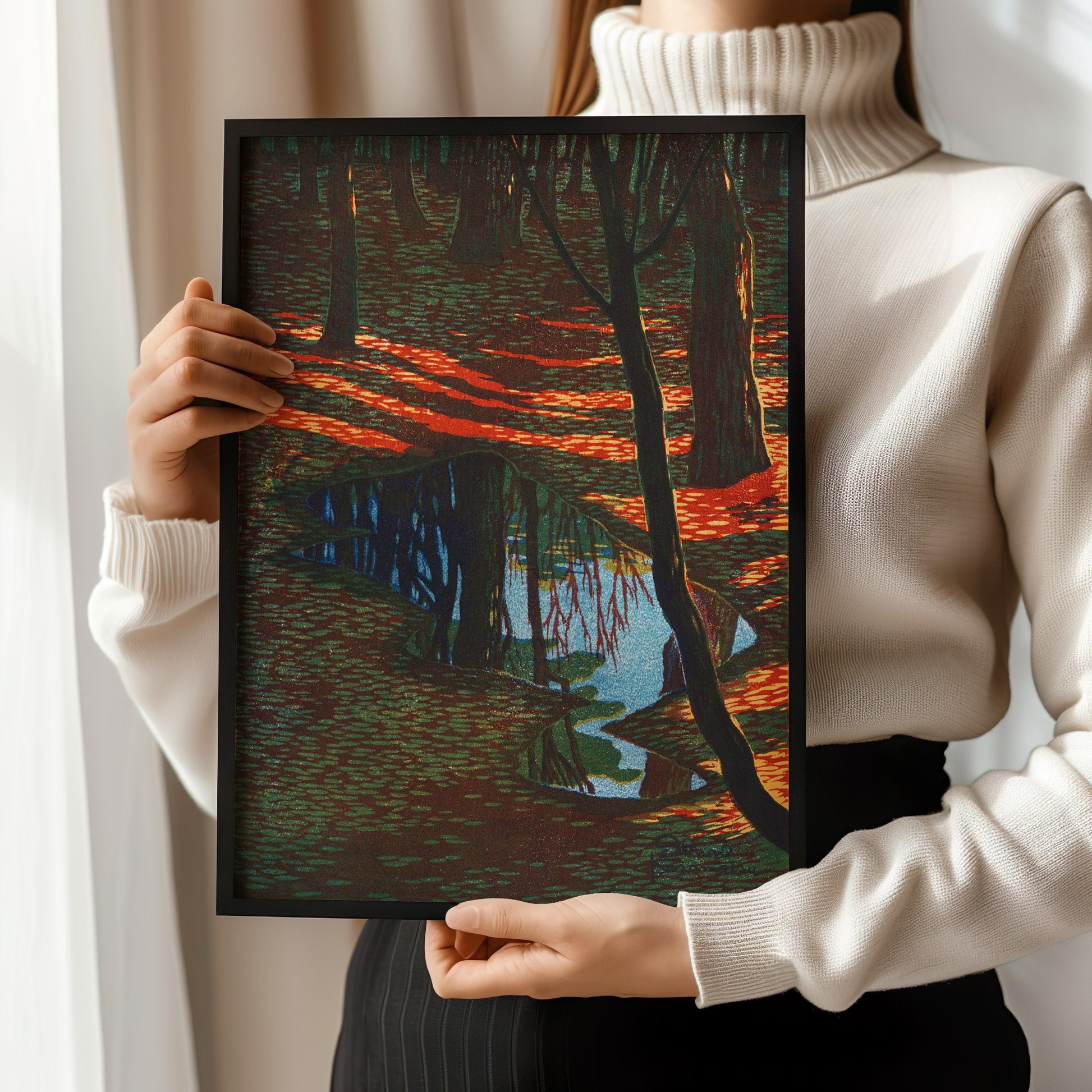 Shiro Kasamatsu - Into the Forest | Vintage Orange Black Japanese Shin-Hanga Kachō-E Art (available framed or unframed)