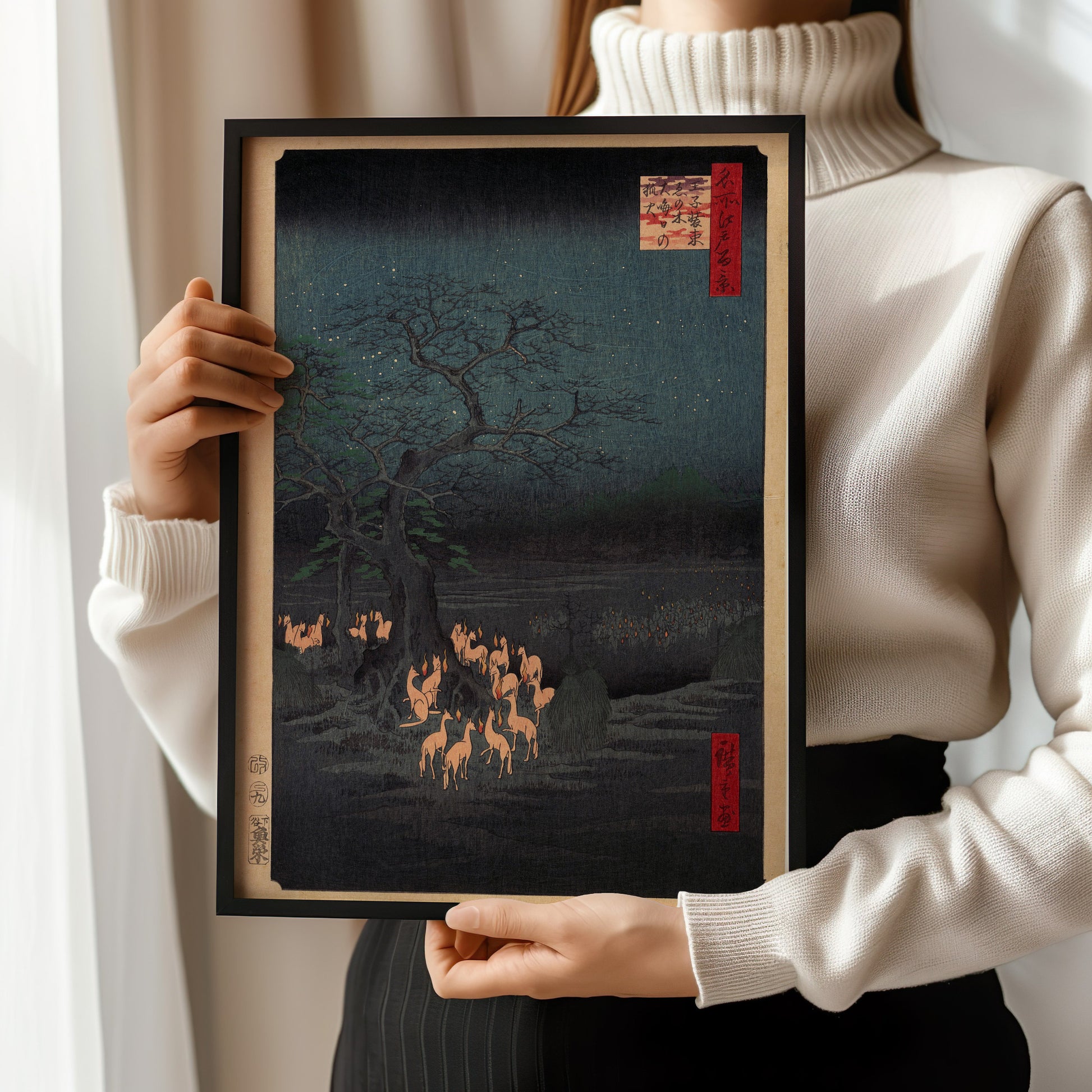Utagawa Hiroshige - New Year's Eve Foxfire at the Hackberry Tree | Japanese Vintage Neutral Sketch Art (available framed or unframed)