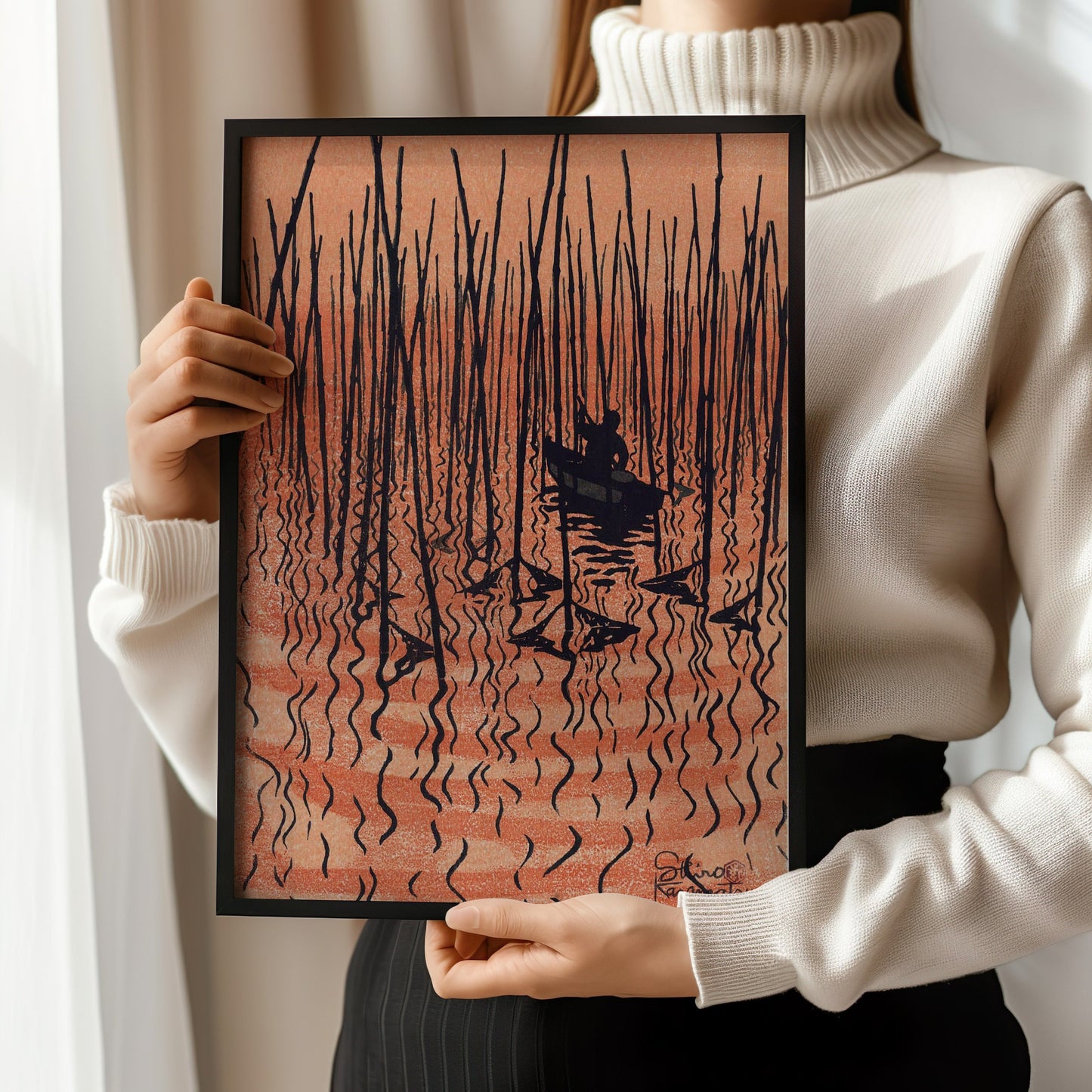 Shiro Kasamatsu - Shadow of Reeds on Water | Vintage Orange Black Japanese Shin-Hanga Art (available framed or unframed)