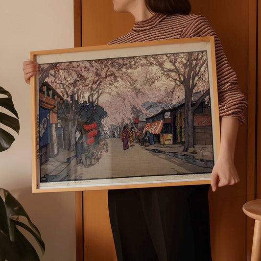 Hiroshi Yoshida – Hanzakari Avenue of Cherry Trees in Full Bloom | Vintage Japanese Woodblock Art (available framed or unframed)