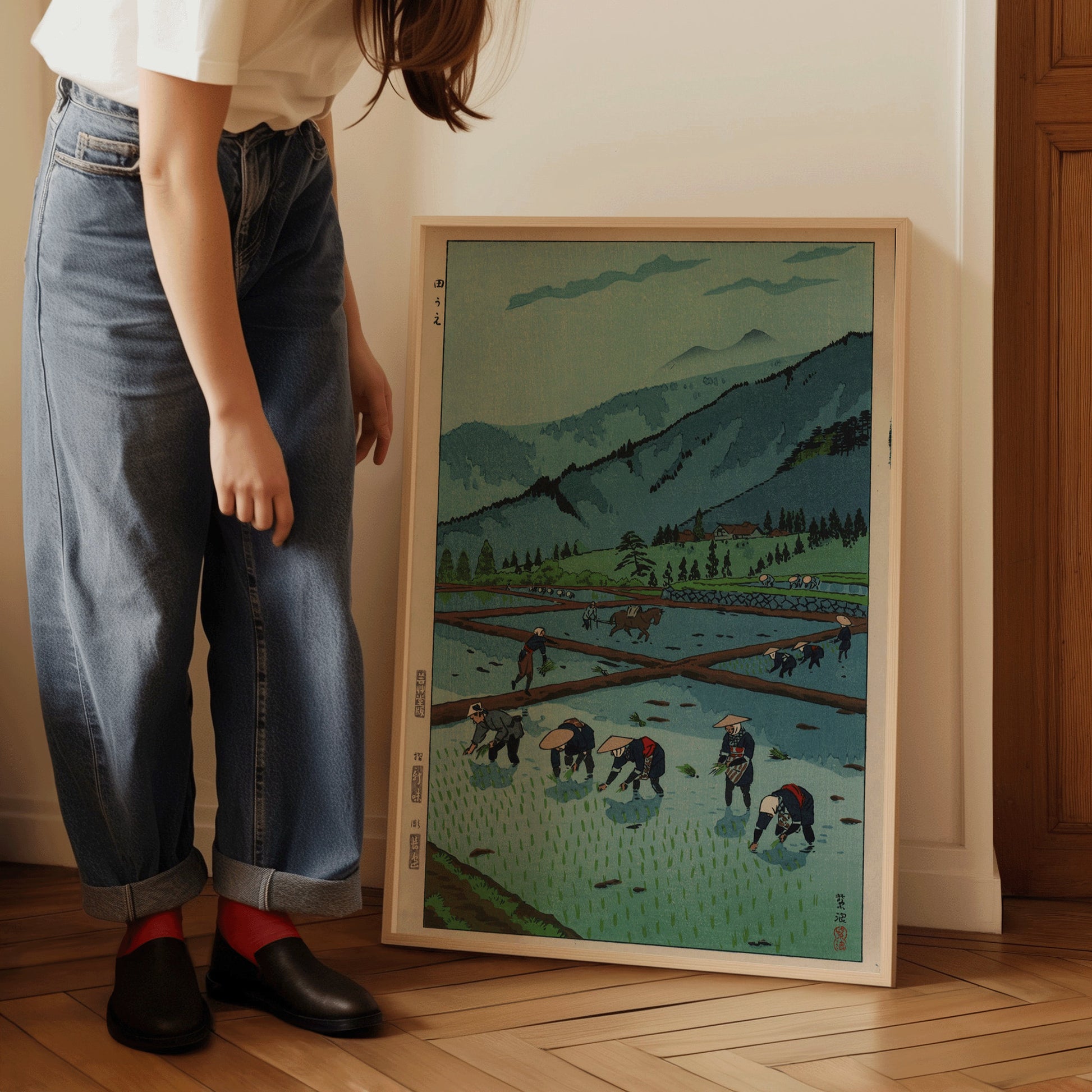 Shiro Kasamatsu - Rice Planting | Vintage Japanese Woodblock Art in Blue (available framed or unframed)