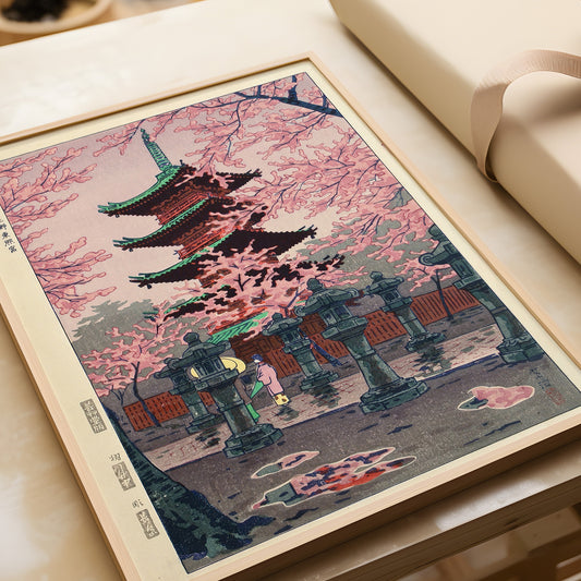 Shiro Kasamatsu - Toshogu Shrine in Spring | Vintage Japanese Woodblock Art in Blue (available framed or unframed)