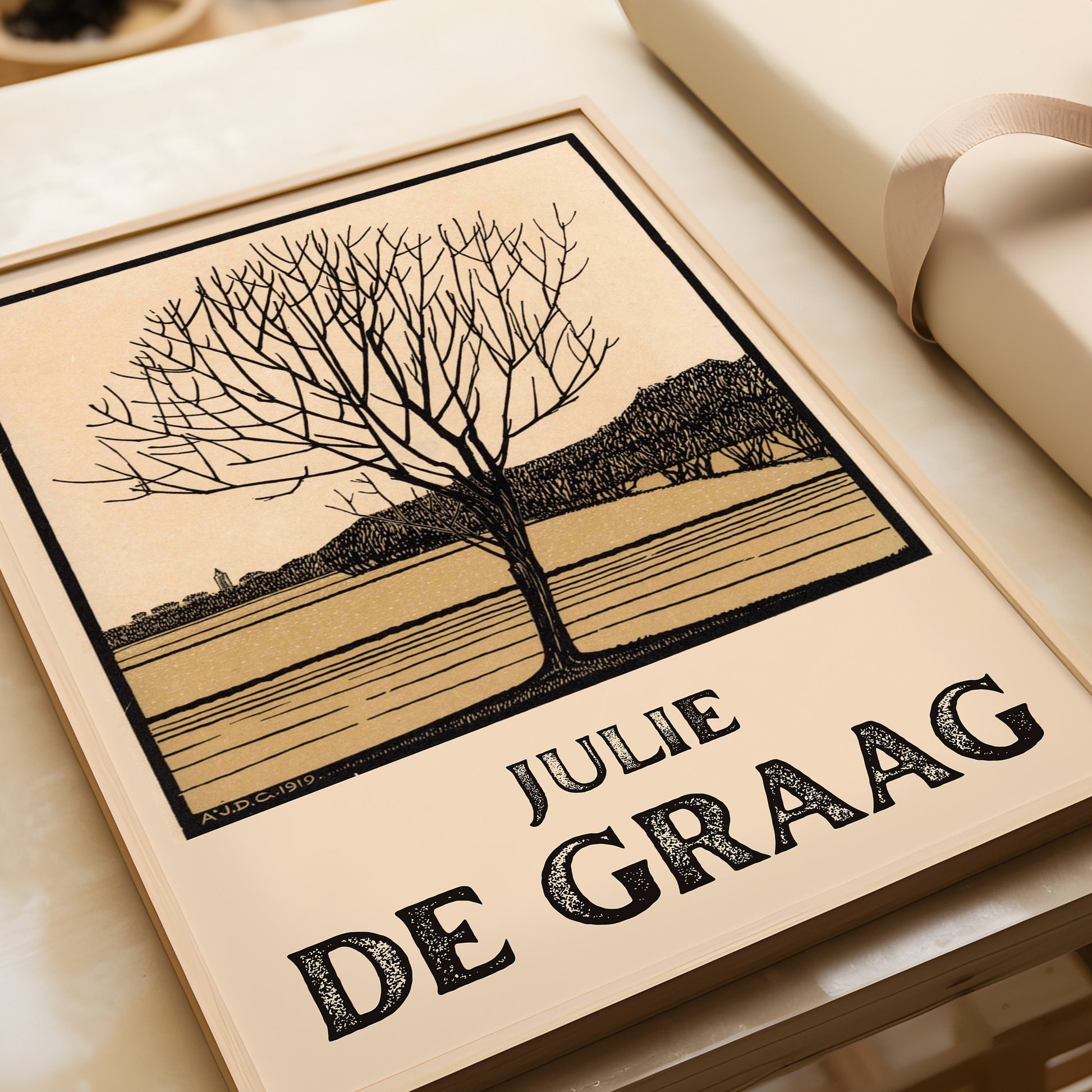 Julie de Graag - Kale Bloom | Vintage Beige Sketch Art (available framed ready to hang or unframed)