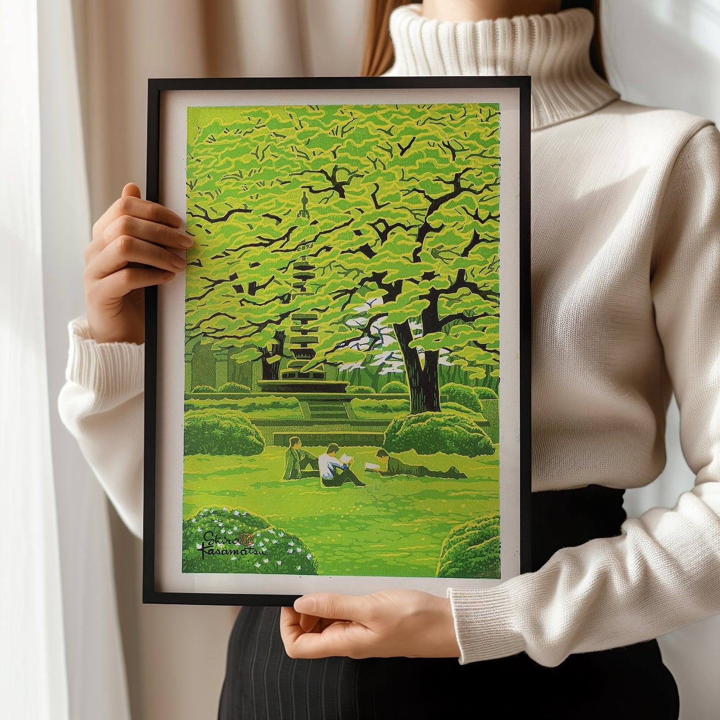 Shiro Kasamatsu - Spring in the Campus | Vintage Japanese Woodblock Art in Green (available framed or unframed)