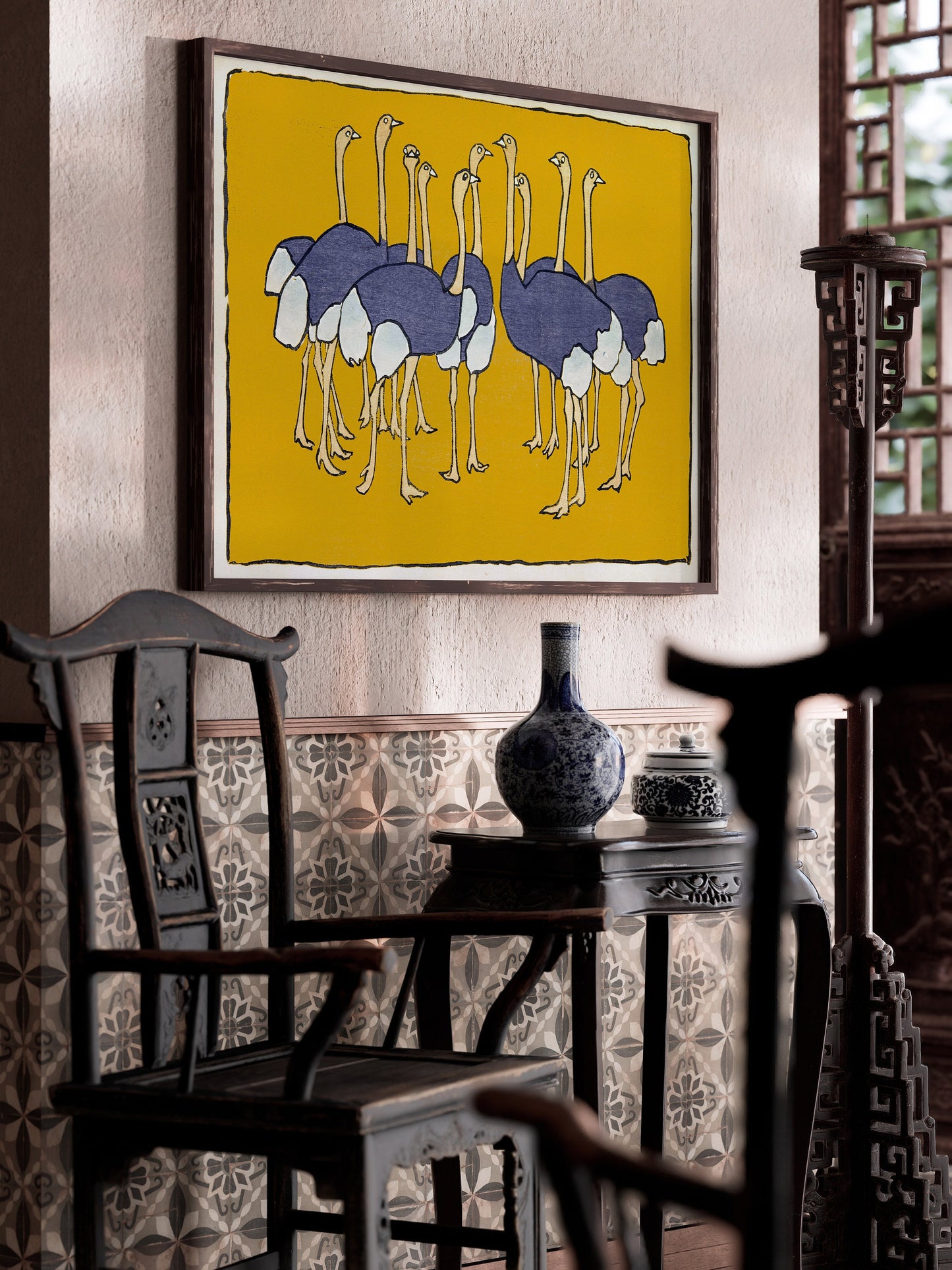 Asai Chū - Ostriches | From Mokugo zuanshū Pl.21 (1908) Vintage Japanese Art in Yellow (Available framed or unframed)