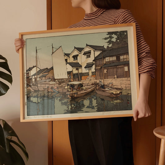 Hiroshi Yoshida – Warehouses at Tomonoura | Vintage Japanese Woodblock Art (available framed or unframed)