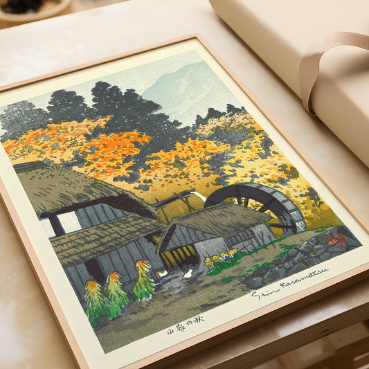 Shiro Kasamatsu - Mountain Cottage in Autumn | Vintage Japanese Woodblock Art in Blue (available framed or unframed)