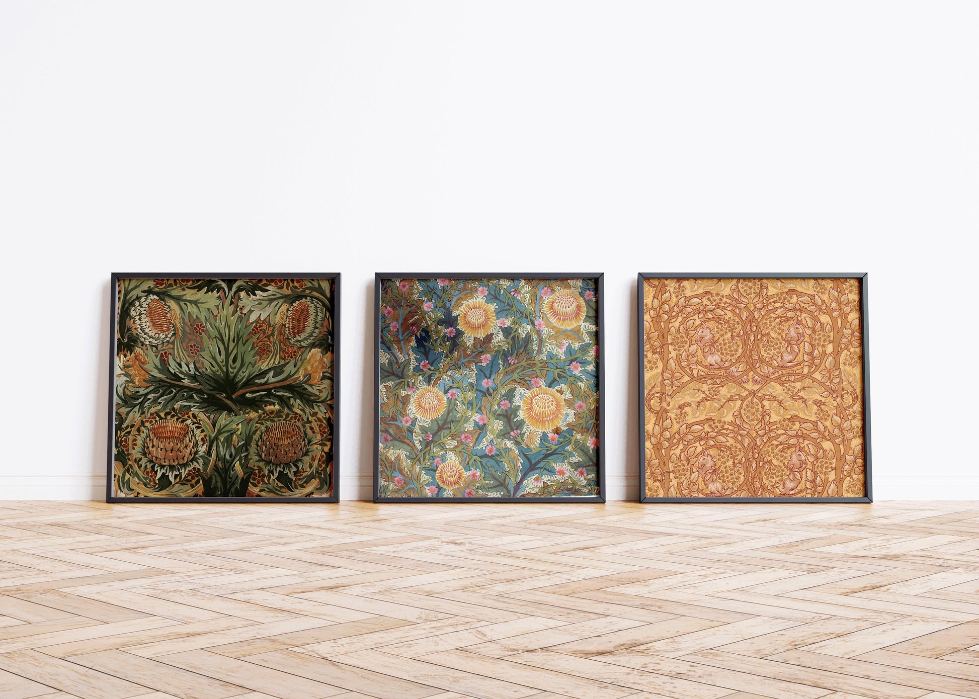 William Morris - Set of 3 Arthur Heygate Mackmurdo Prints | Artichokes, Brambles, Chrysanthemum and Squirrels (available framed or unframed)