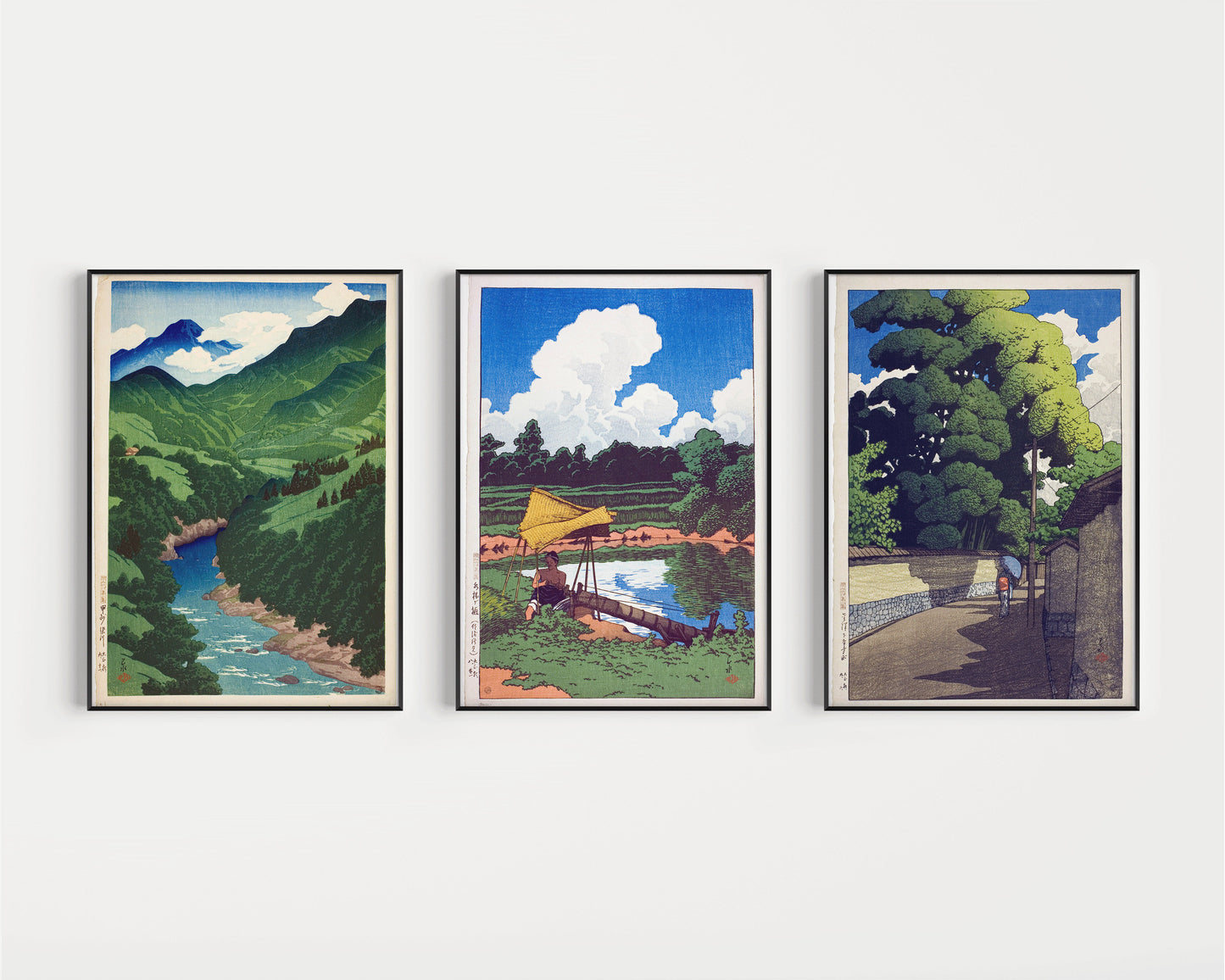 Kawase Hasui Set of 3 Summer Theme Art Prints Some River, Water Conduit in Sado and Summer in Kanazawa (available framed or unframed)