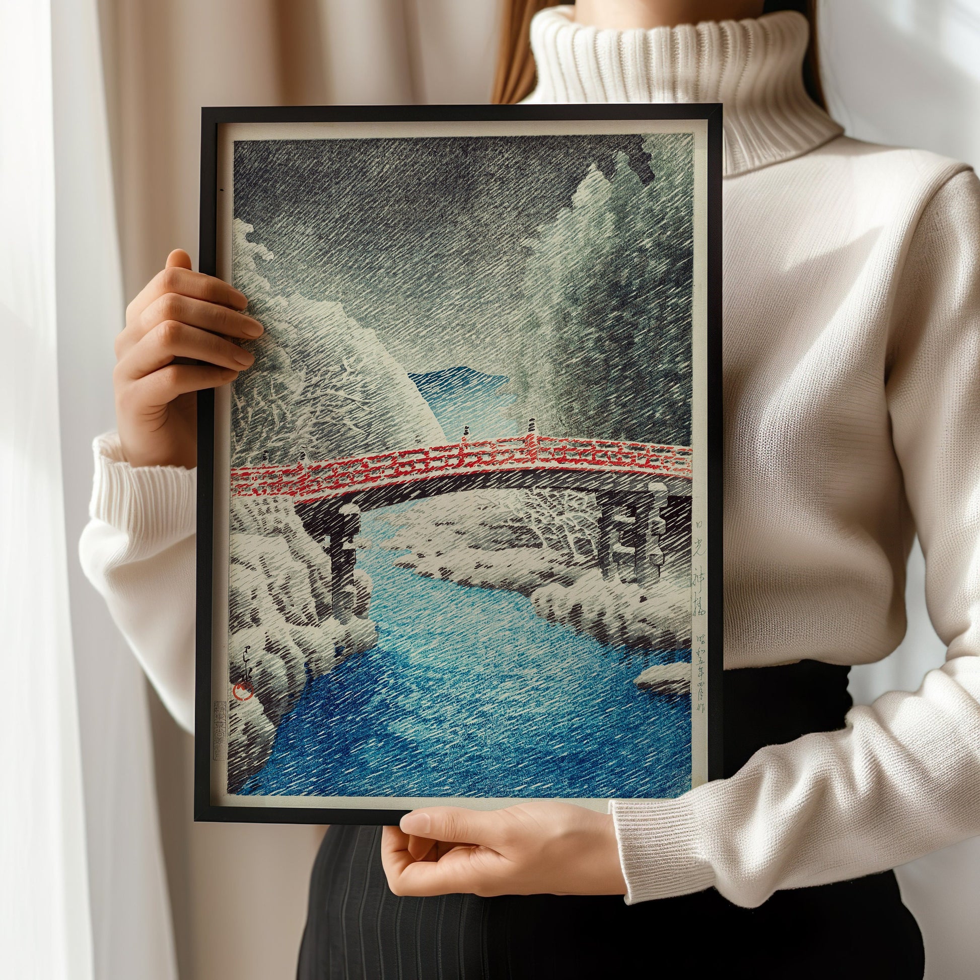 Kawase Hasui - Snow at the New Bridge at Nikko | Vintage Japanese Woodblock Art (available framed and ready to hang or unframed)