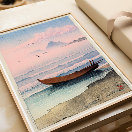 Kawase Hasui - Boat on the Shore at Boshu, Kanagawa | Vintage Japanese Woodcut Art (available framed or unframed)